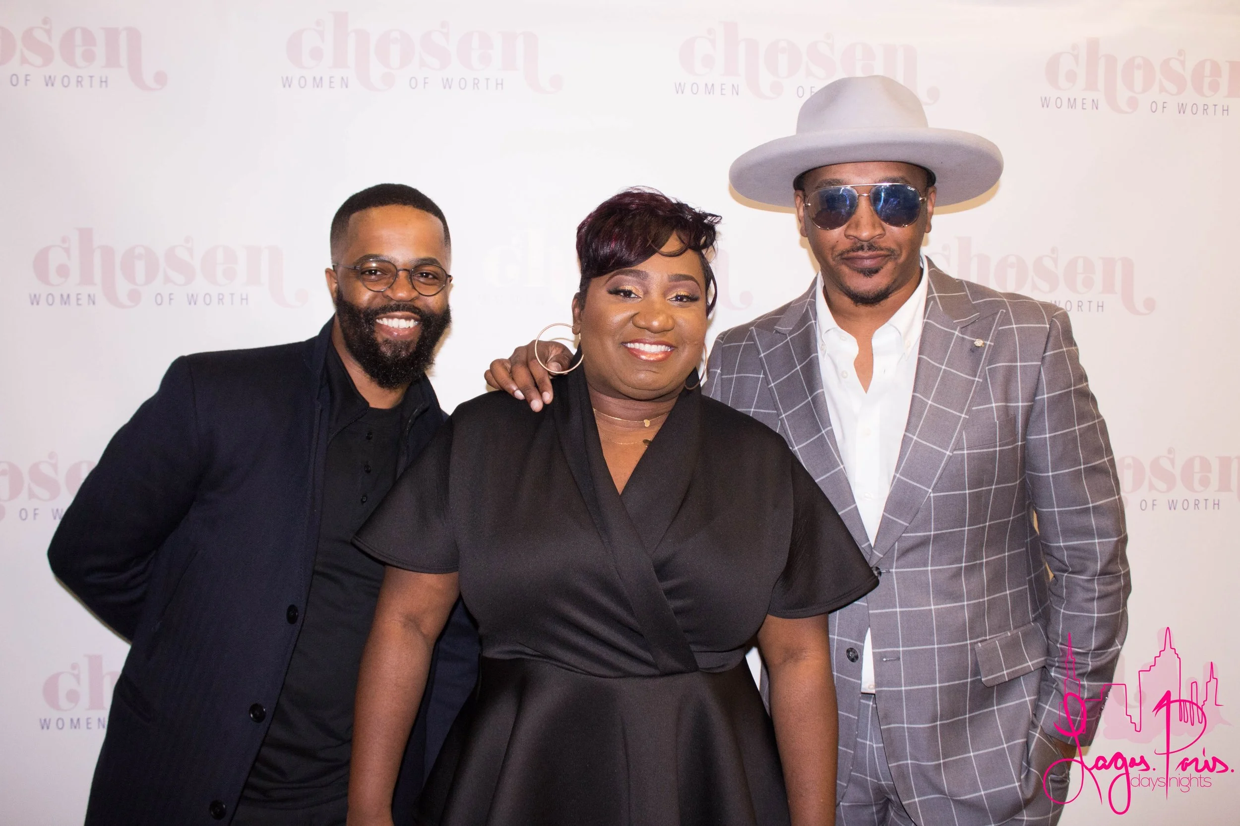 Chosen Women of Worth Founder, Katlyne Dessaint-Louis (center) pictured with her husband Jean Louis (left) and Stylist J. Bolin (right).