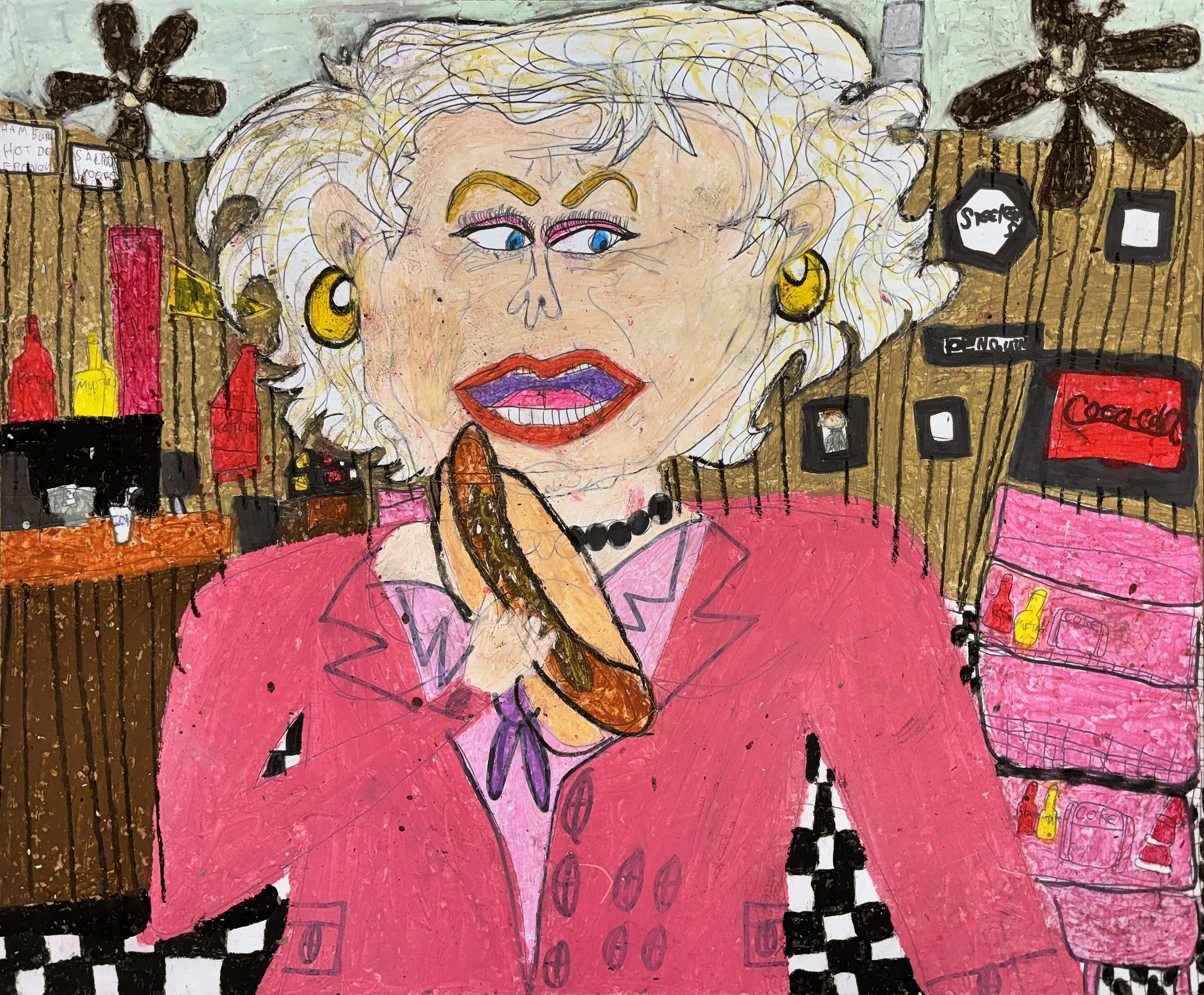 Betty White Eating a Chili Dog at Dad's Dog's and Burger by Charlie Wallace