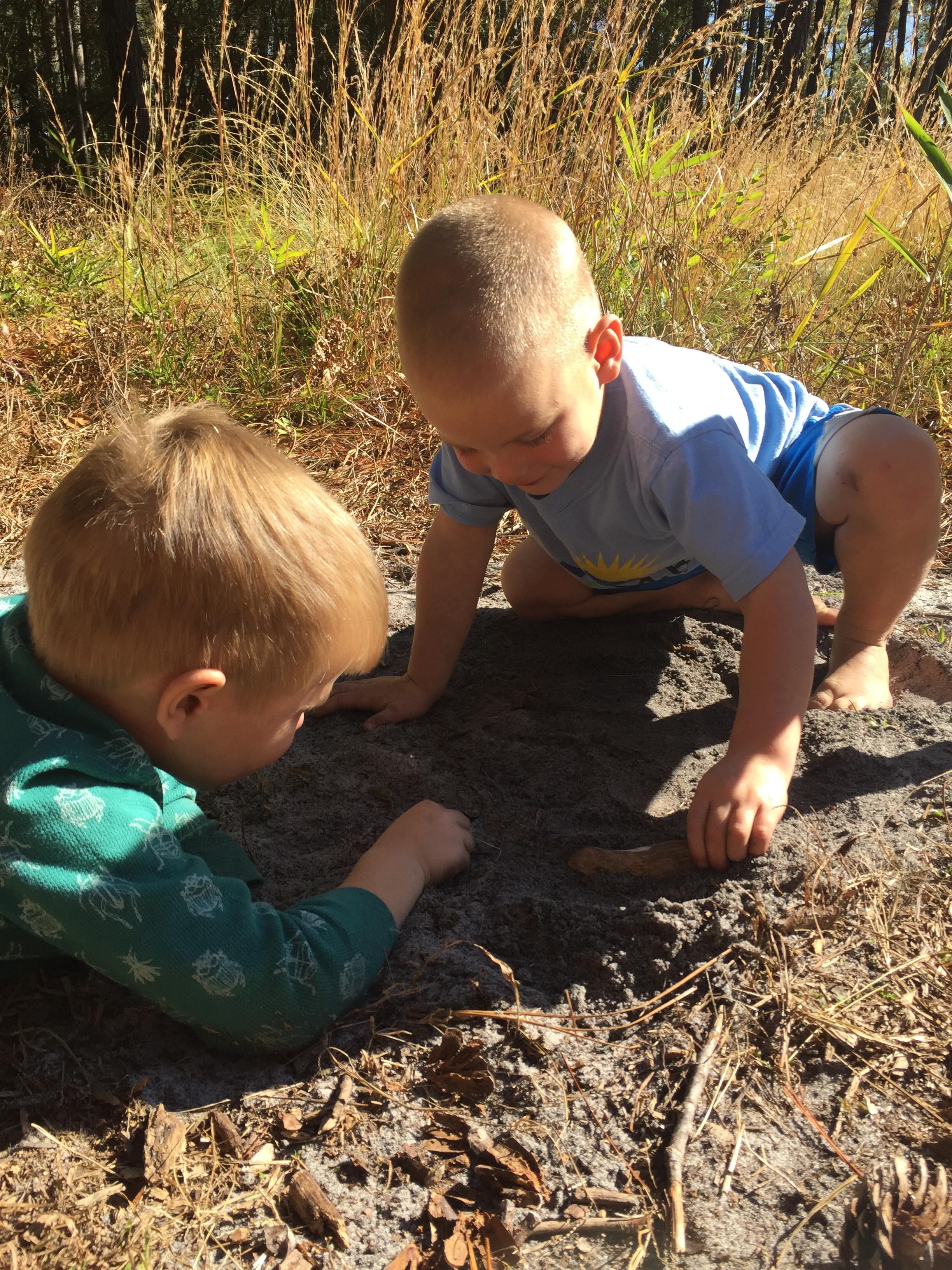 Playing with stick cars and stick planes.