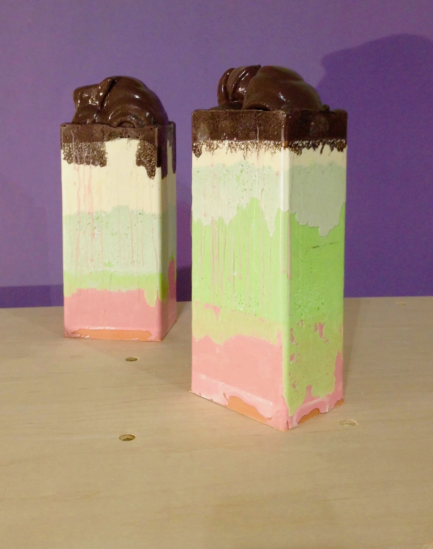 Approx. 500 yrs of N. American Progress Represented in Chocolate Covered Sedimentary Layers of Vanilla, Pistachio, and Strawberry Ice Creams w/ a Wholesome Caramel Center