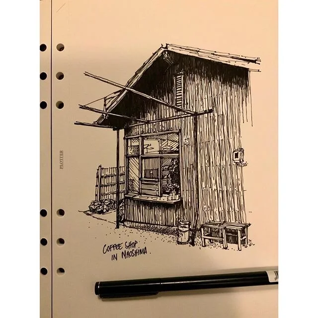 Fantastic little coffee shop we came across in Naoshima Island in Japan. Repost @lewisdrawsthings .
.
.

#architecture 
#archisketcher
#architecturedrawing
#art
#artforlife
#drawings
#inksketch 
#lineart 
#pendrawing
#sketch
#sketchbook
#street
#urba