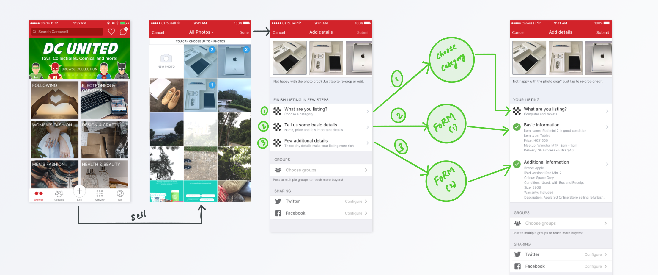 The idea involved in user filling two forms, one being all compulsory fields and another being optional fields related to the item. The flow was imagined as the extension of the current flow. 