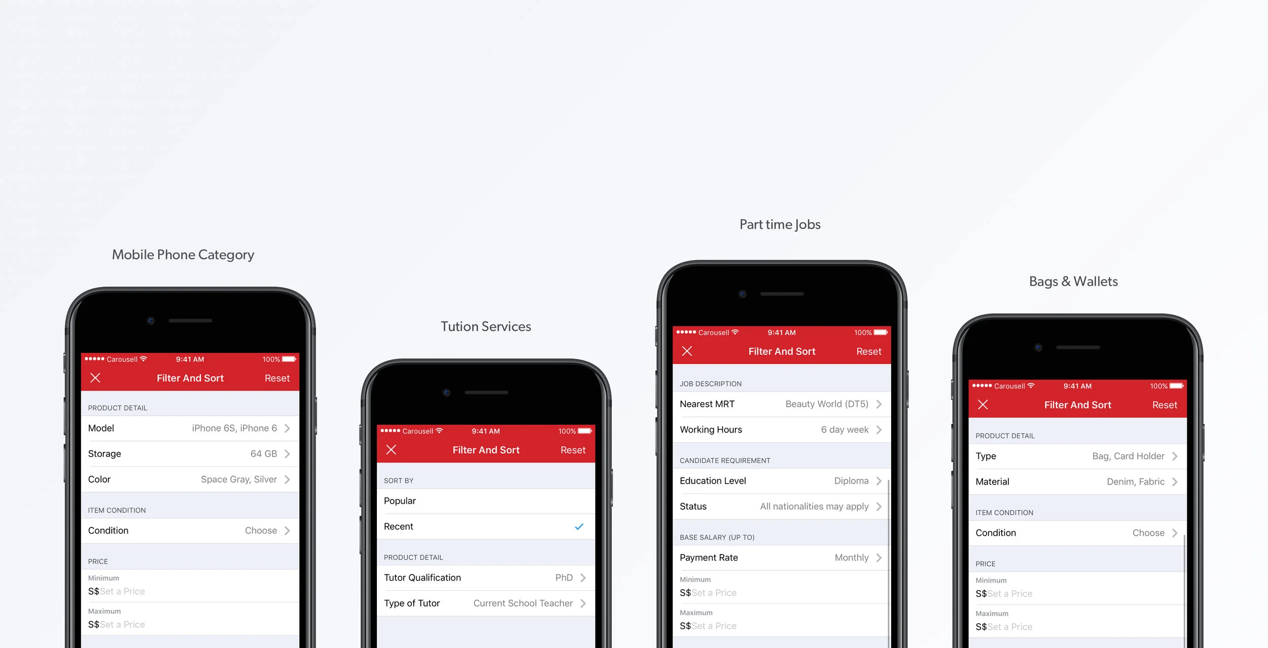 Various filters across different categories. Thanks to my product managers, the business team researched the right filters for different categories and enabled them