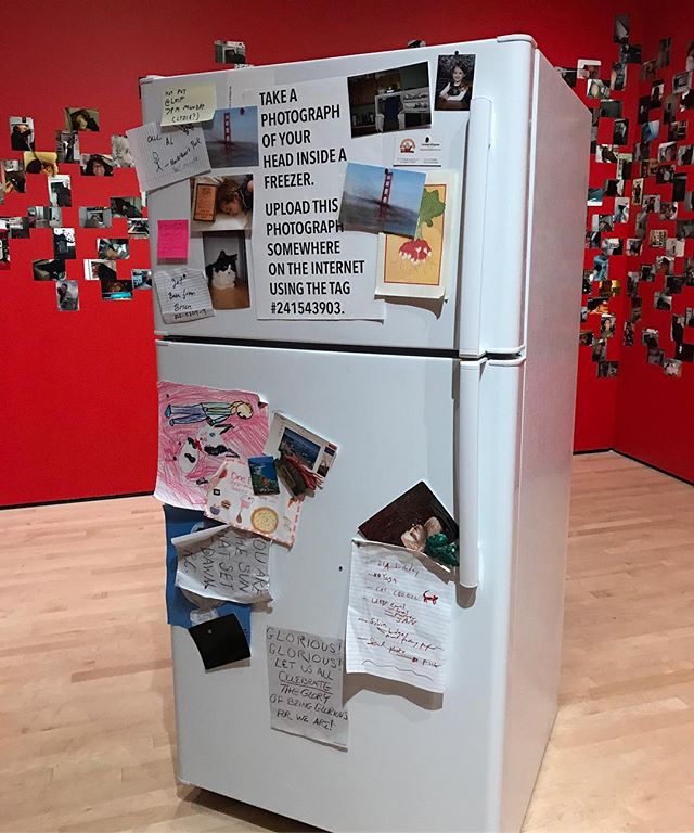 Funny to see a curated fridge copycat at SFMOMA! It&rsquo;s part of a great exhibit about sharing and sending pics, a constant since the invention of photography. #sfmoma #snapshare #thecuratedfridge