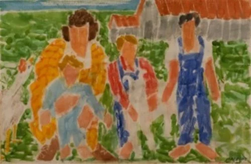 Family With Goat (02-DSW3), 2002Watercolor on Paper   27 x 40 1/2 in.