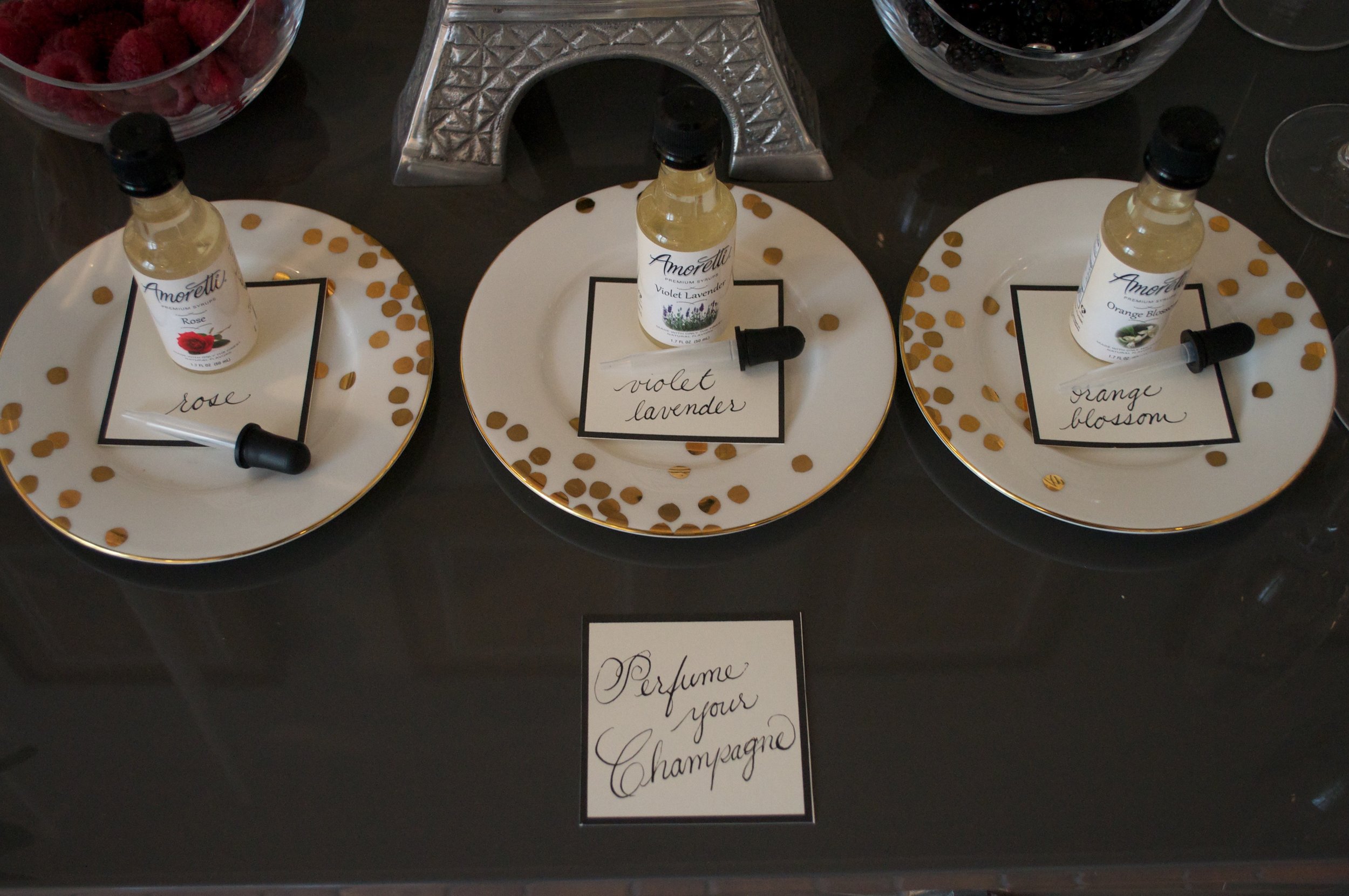 Continuing with the perfume theme, I gave our guests a way to "perfume" their bubbles by adding a few drops of orange blossom, violet lavender, and rose syrups.