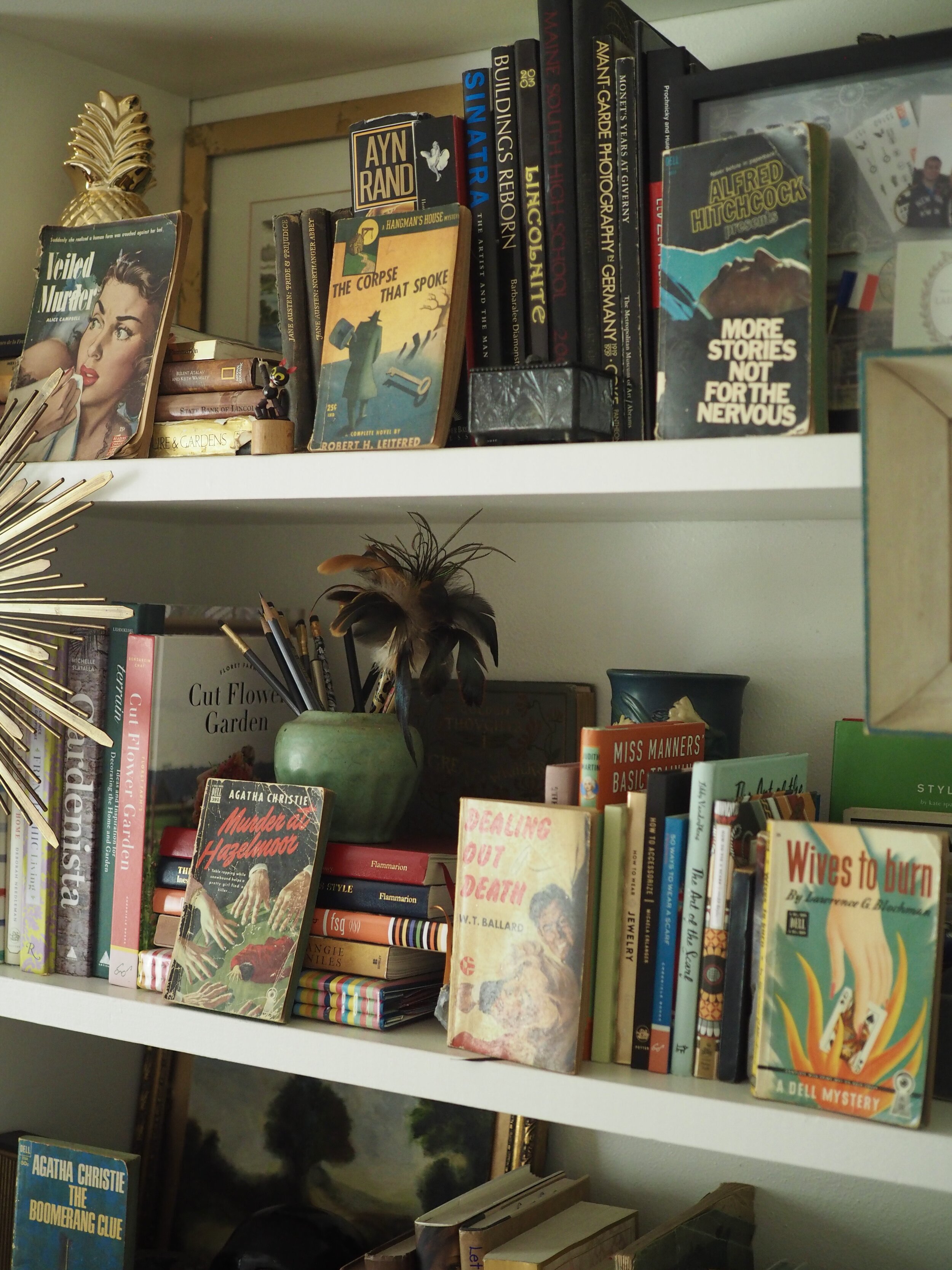 Mystery novels line the library shelves