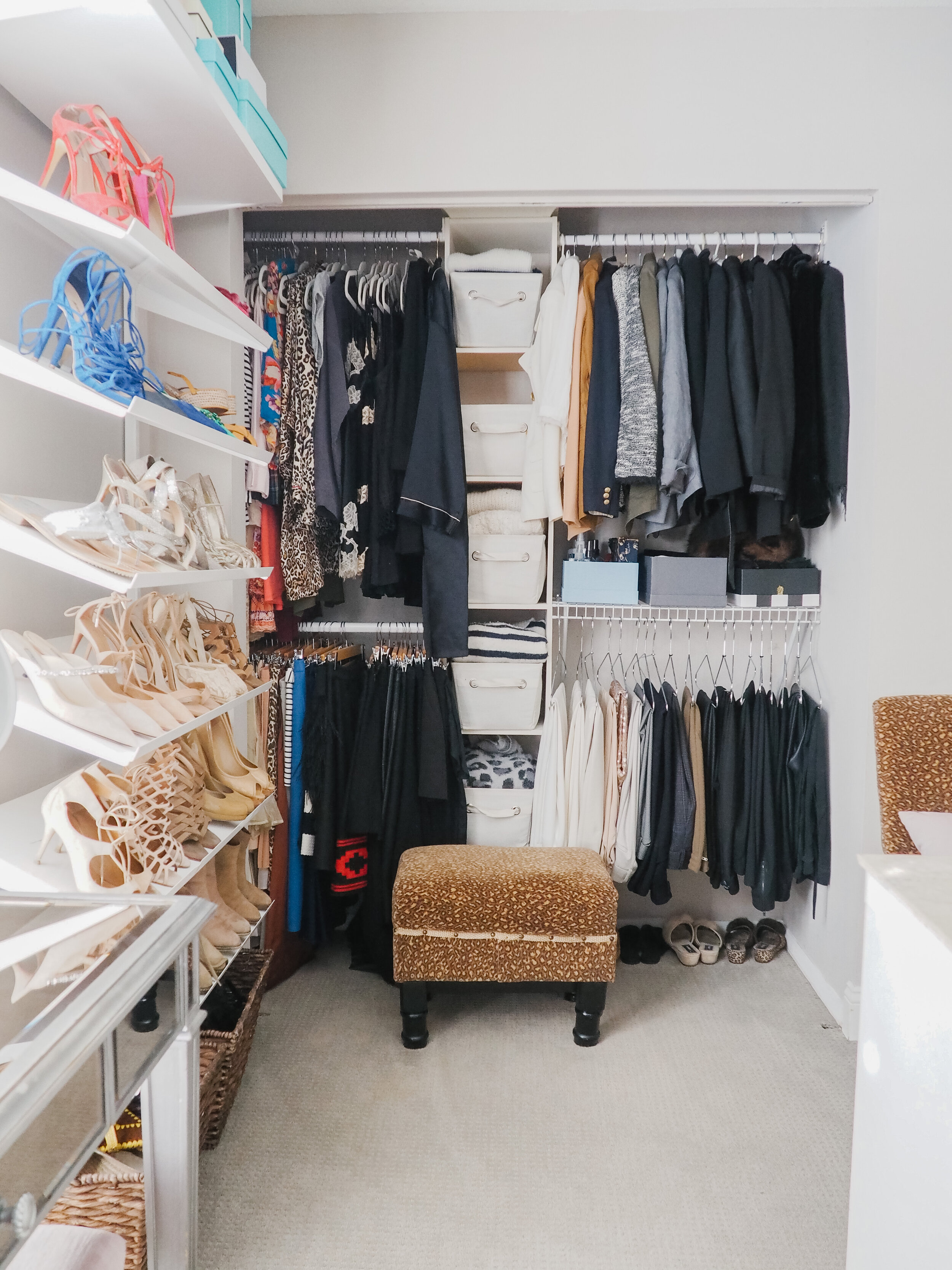 Shoe shelf and hanging pajamas, skirts, blazers and pants