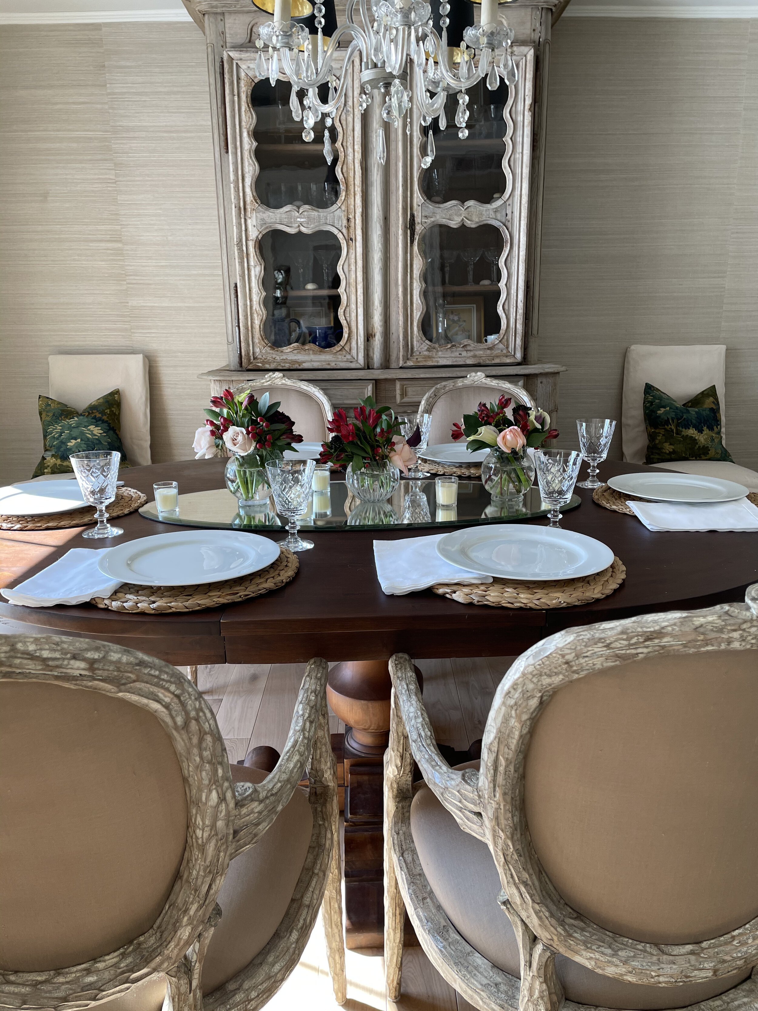 Our beautiful French cabinet  presides over the dining room
