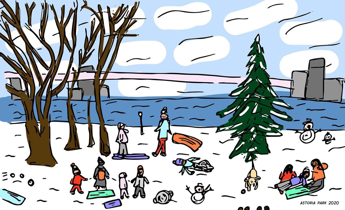 Winter storm in Astoria Park, 2020 - old news, new drawing. This park has always been charming - the ice cream trucks, the group BBQs, the public pool, the feeling of going back in time. Now,
10 months into the pandemic, that park charm has gotten st