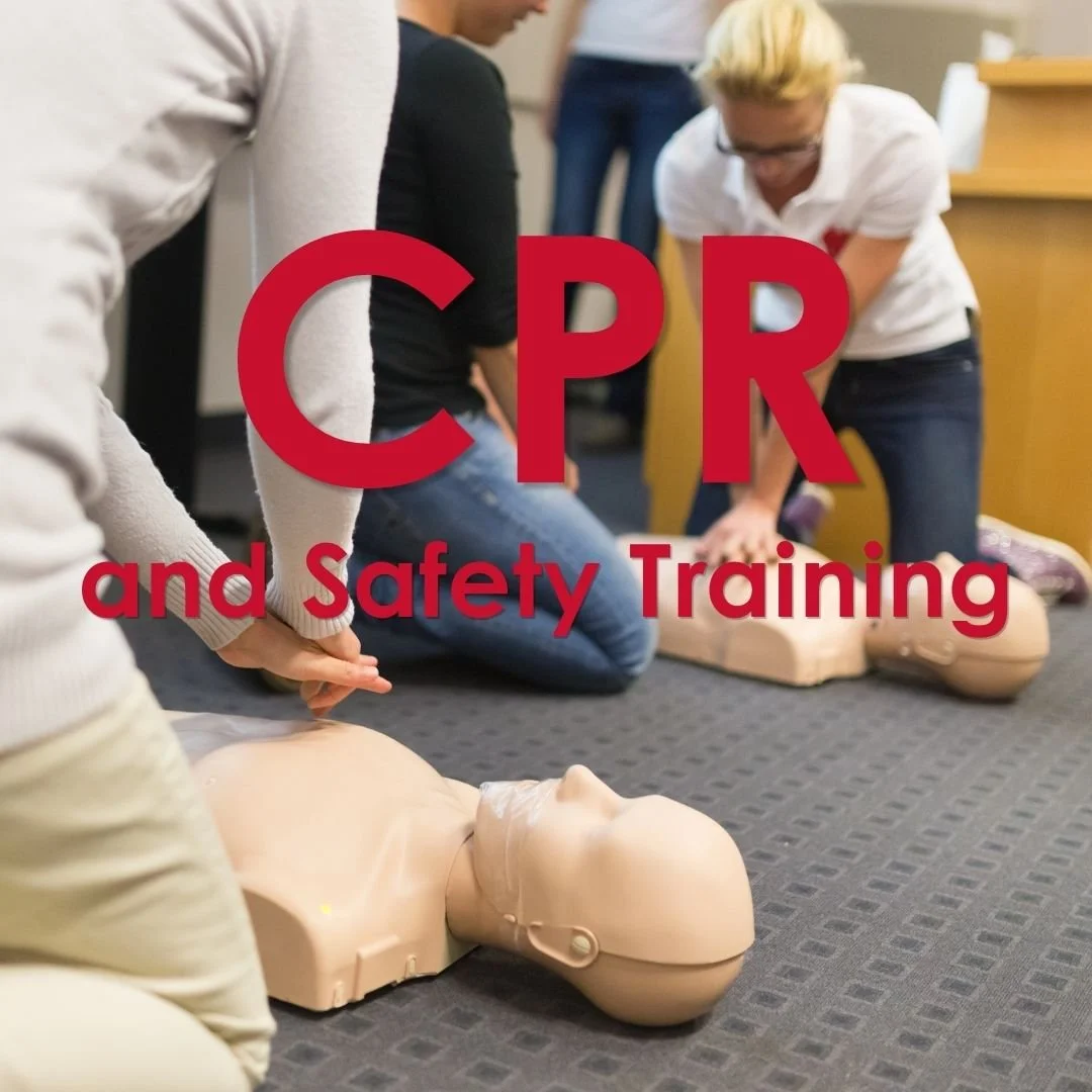 CPR and Safety Training graphic featuring participants practicing chest compressions on CPR mannequins.