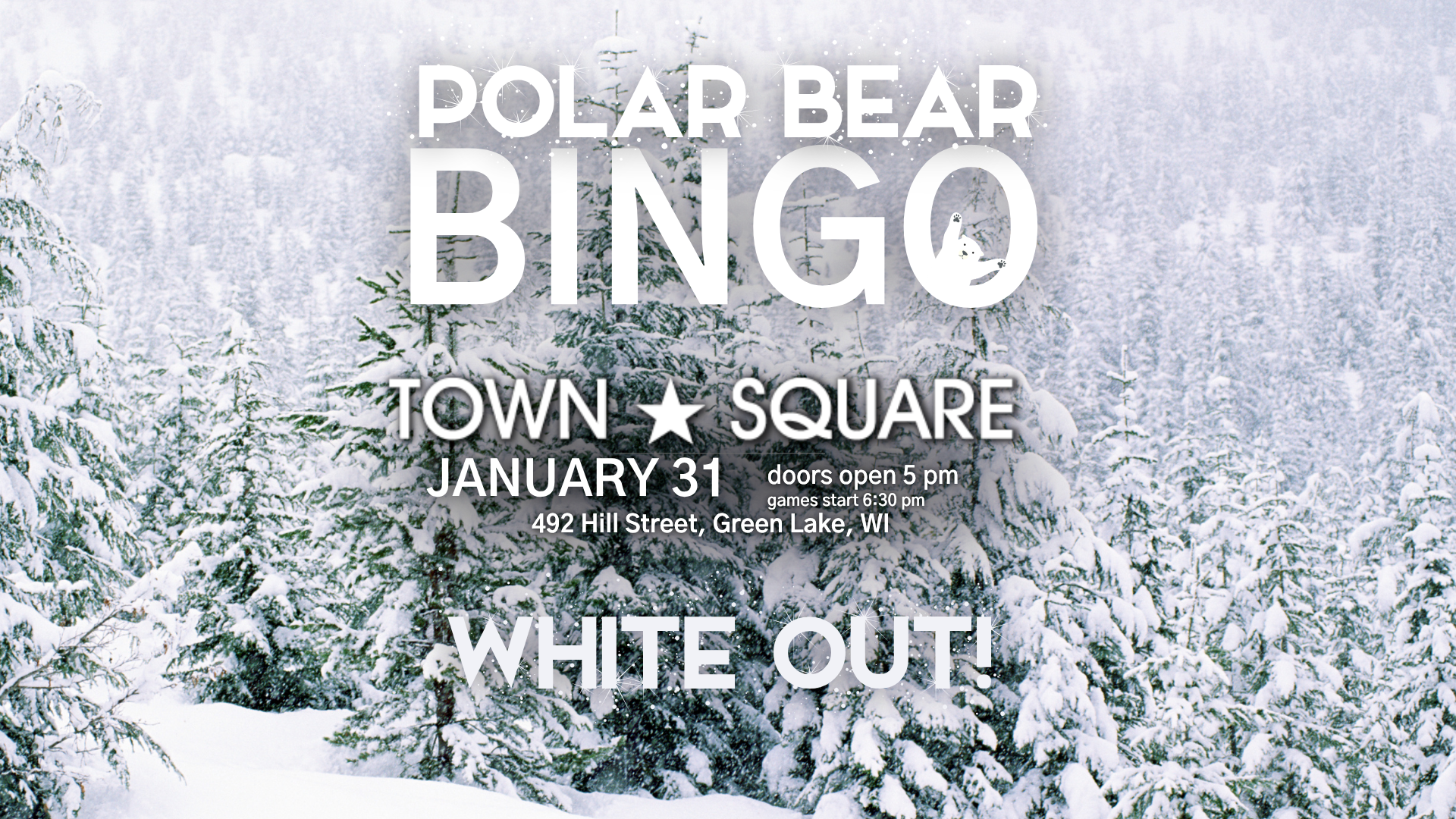 Polar Bear Bingo graphic featuring snow-covered evergreen trees and large white lettering announcing the January 31 event.