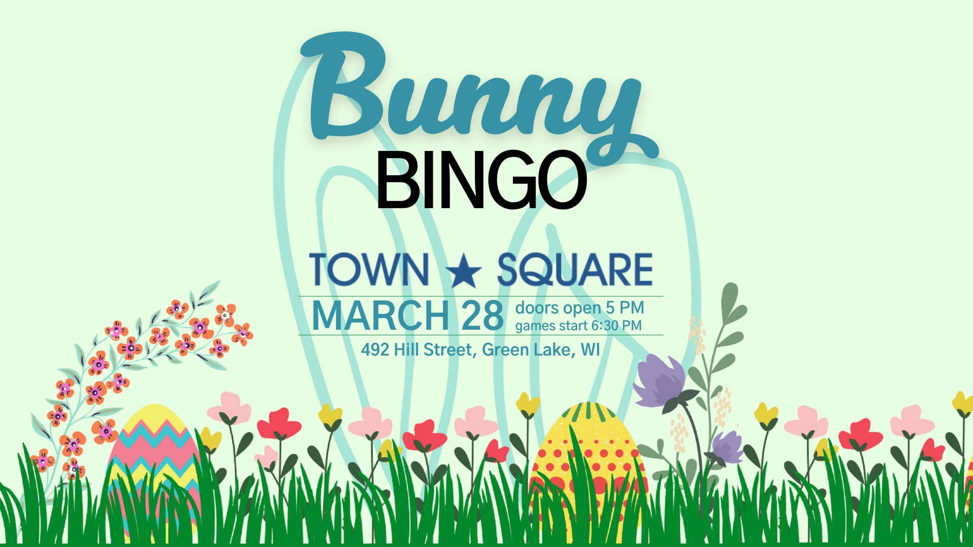 Bunny Bingo graphic featuring spring flowers, colorful Easter eggs and a large illustrated bunny outline.