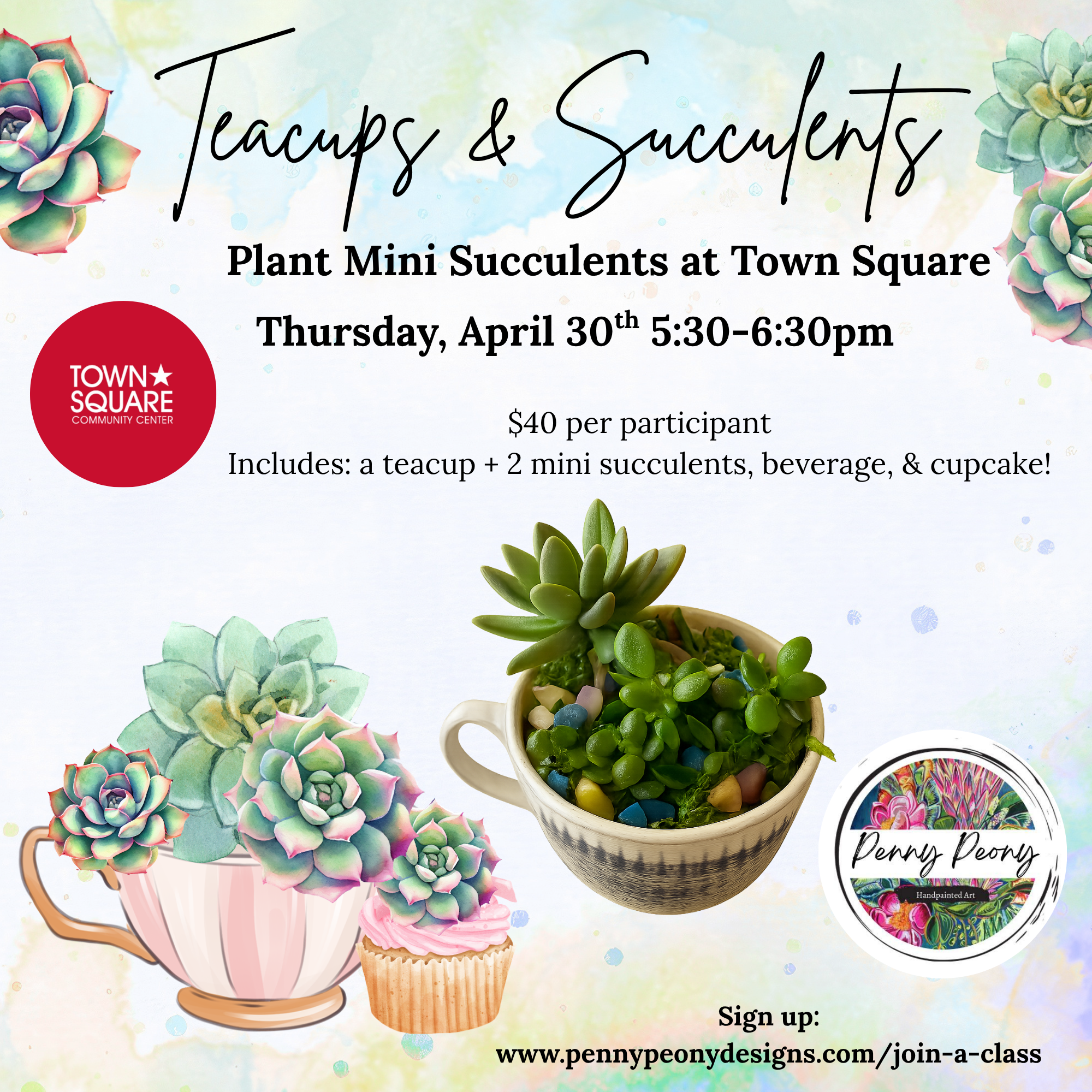 Teacups &amp; Mini Succulents at Town Square Green Lake with Penny Peony Designs