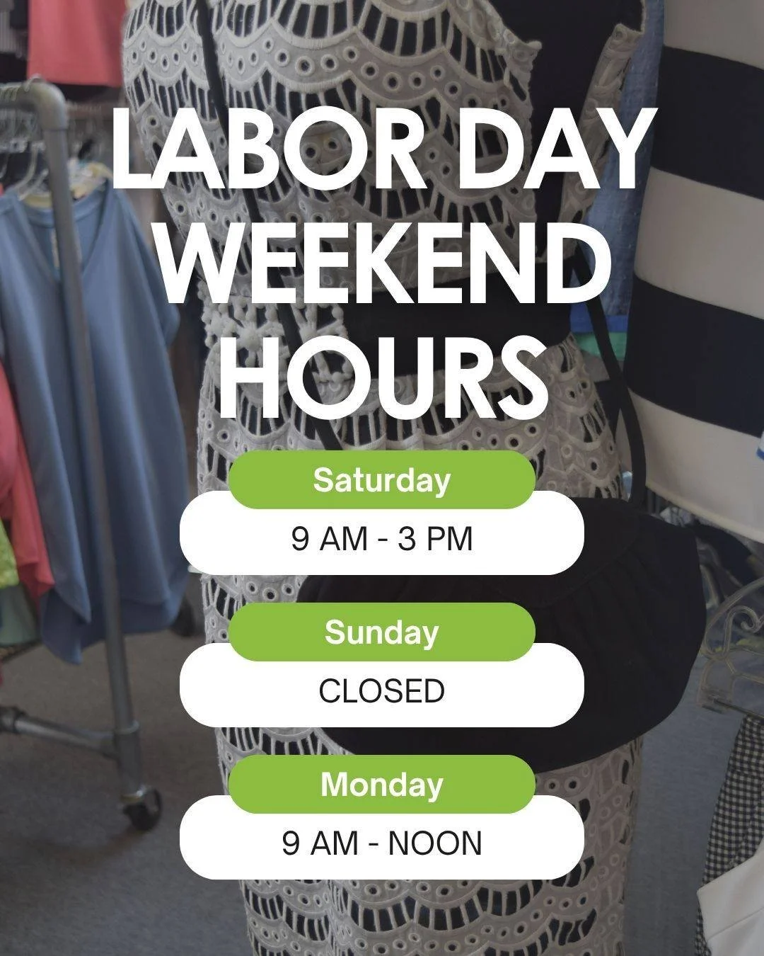 Planning a little Labor Day weekend shopping?

Here are our holiday weekend hours:

Saturday: 9 am&ndash;3 pm
Sunday: Closed
Monday: 9 am&ndash;Noon

Stop by Hangers while you&rsquo;re out and about and see what catches your eye. There&rsquo;s always