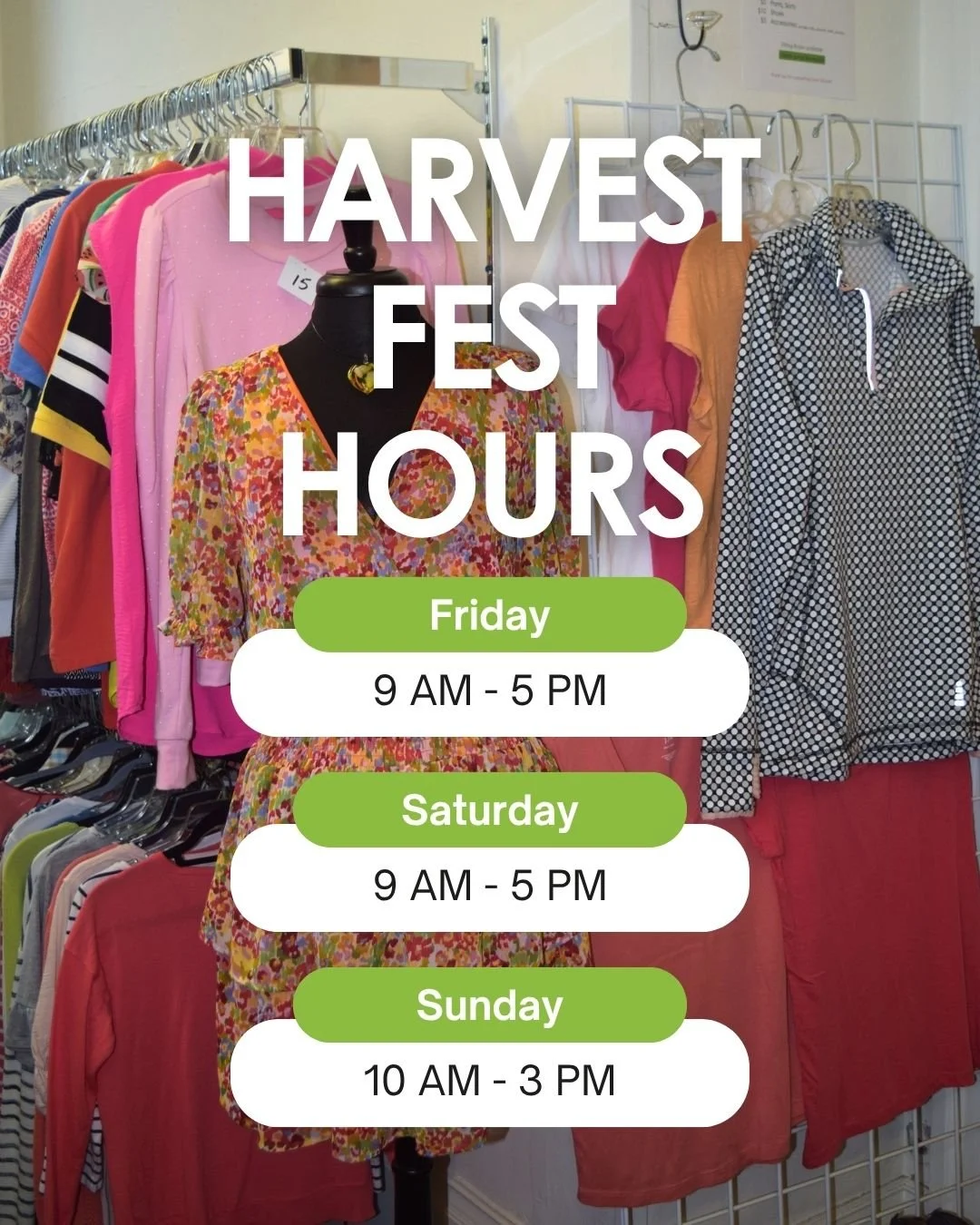 Harvest Fest weekend is coming up!

If a little thrifting is part of your weekend plans, be sure to check out Hangers&rsquo; special Harvest Fest hours. Stop in between the festivities, browse the racks, and see what treasures are waiting for you.

W
