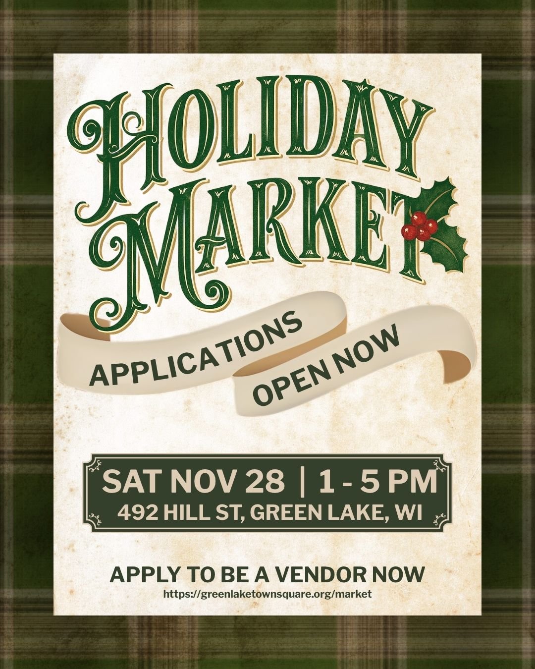 Calling all makers, creators, and local vendors! 🎄✨

Applications are officially open for the Town Square Holiday Market! Join us during Keep the Cheer Here for an afternoon of holiday shopping and local finds.

🗓 Saturday, November 28
⏰ 1&ndash;5 
