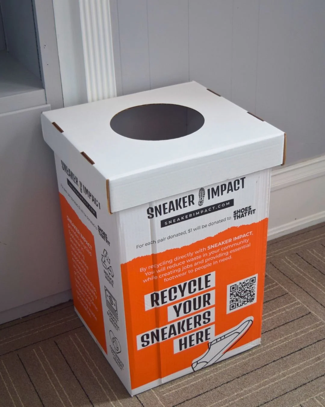 Give your gently used sneakers a new life! 

A Sneaker Impact donation bin is now available in the lobby of the Fitness Center. Bring in your clean, gently used sneakers and help support sustainability by keeping wearable shoes out of landfills and g