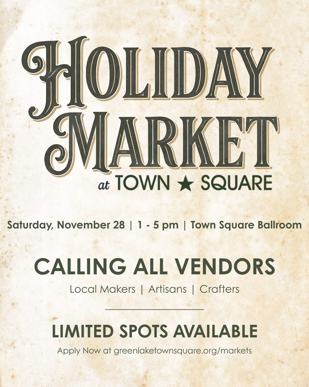 Calling all makers, crafters, and creative entrepreneurs! 🎄✨

The Town Square Holiday Market is right around the corner, and we're looking for vendors to help fill the Ballroom with holiday cheer!

Join us during Green Lake's Keep the Cheer Here cel