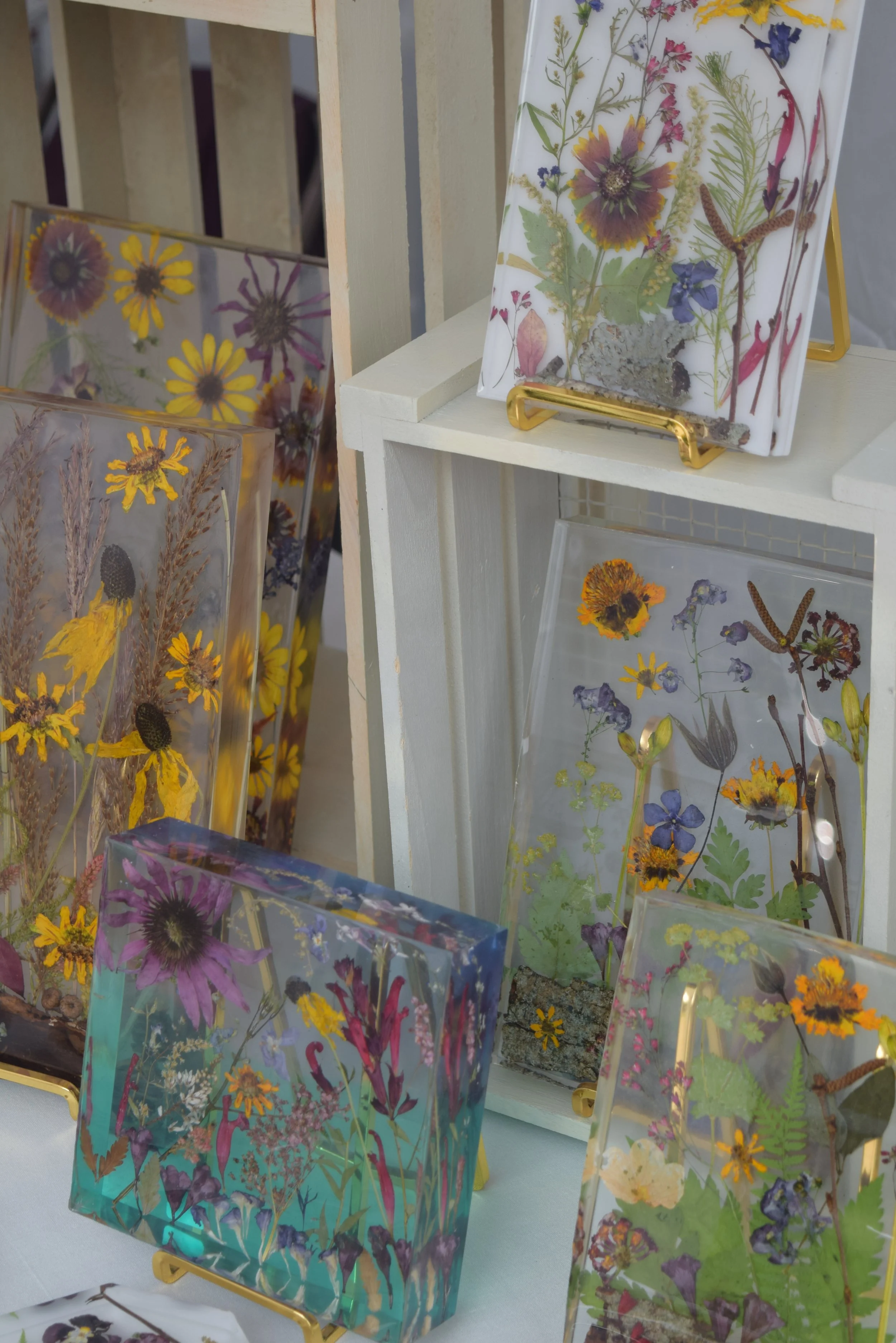 Colorful pressed wildflower artwork featuring yellow, purple and pink flowers displayed on shelves at the Green Lake Fine Art Show.