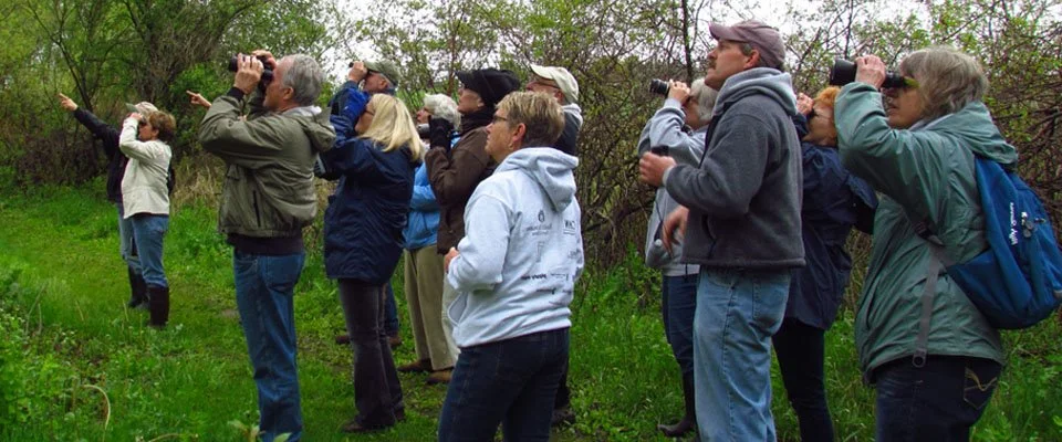 Green Lake Bird & Nature Club participants use binoculars to watch birds during an outdoor group outing.