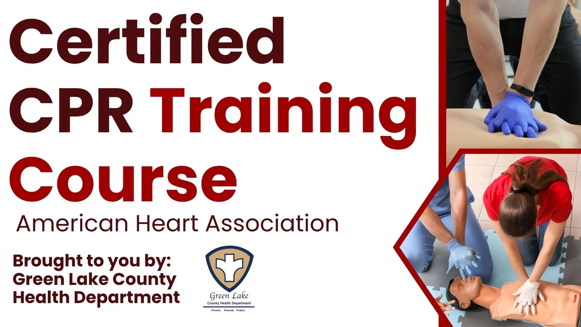 Certified CPR Training Course graphic for American Heart Association CPR instruction at Town Square.