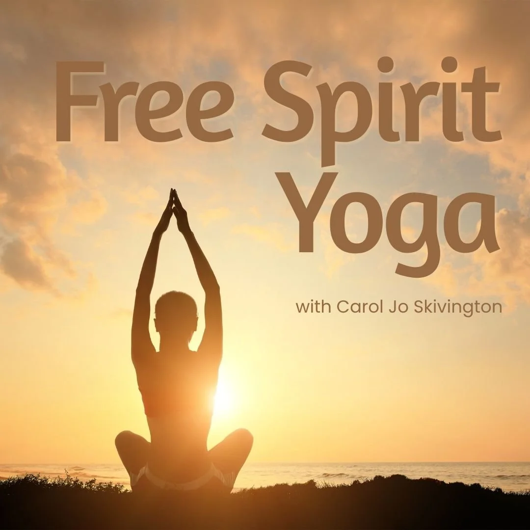 Free Spirit Yoga graphic featuring a person seated in a yoga pose against a golden sunset.