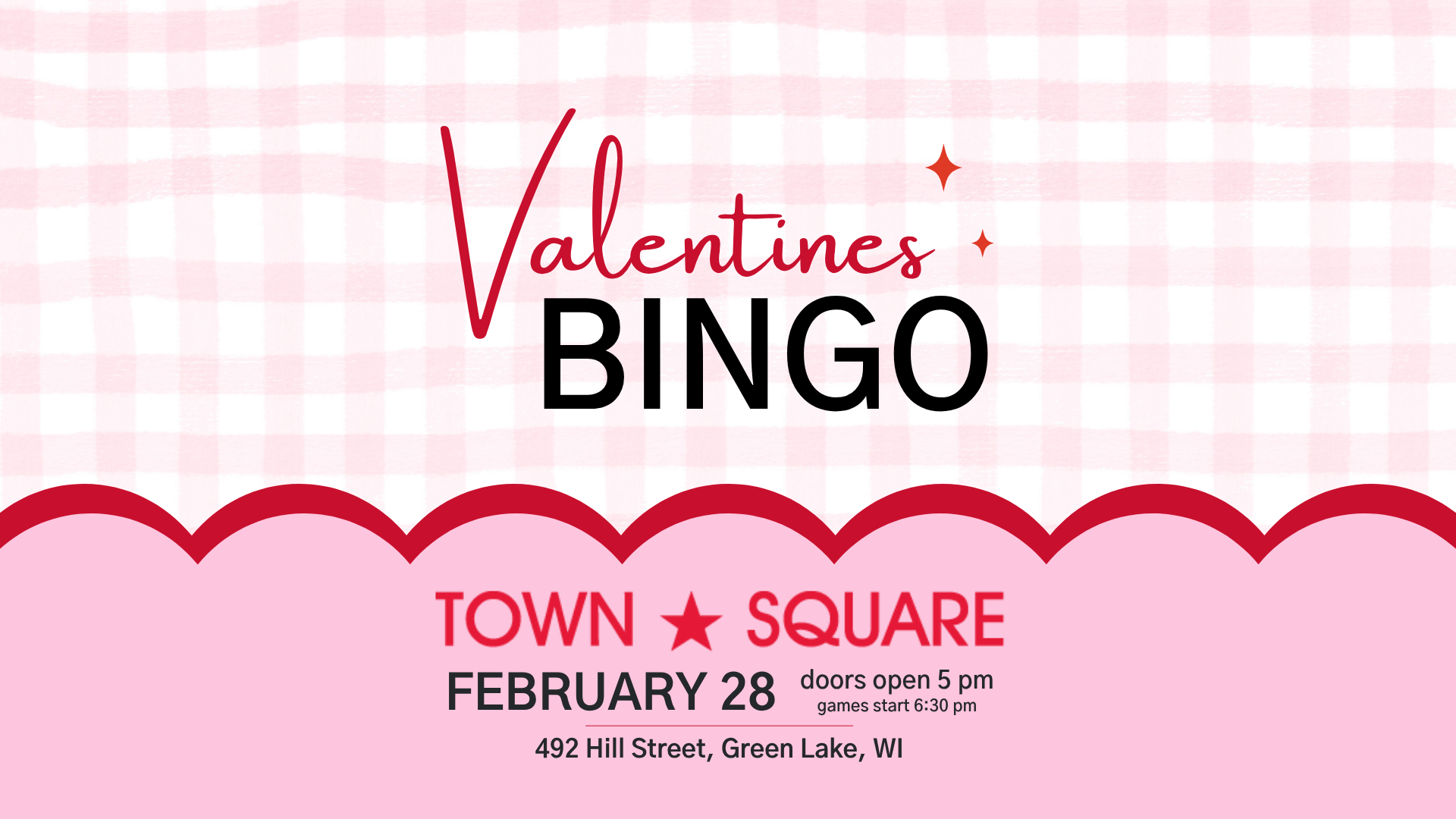 Valentine's Bingo graphic featuring red lettering, a pink gingham background and a scalloped pink border.