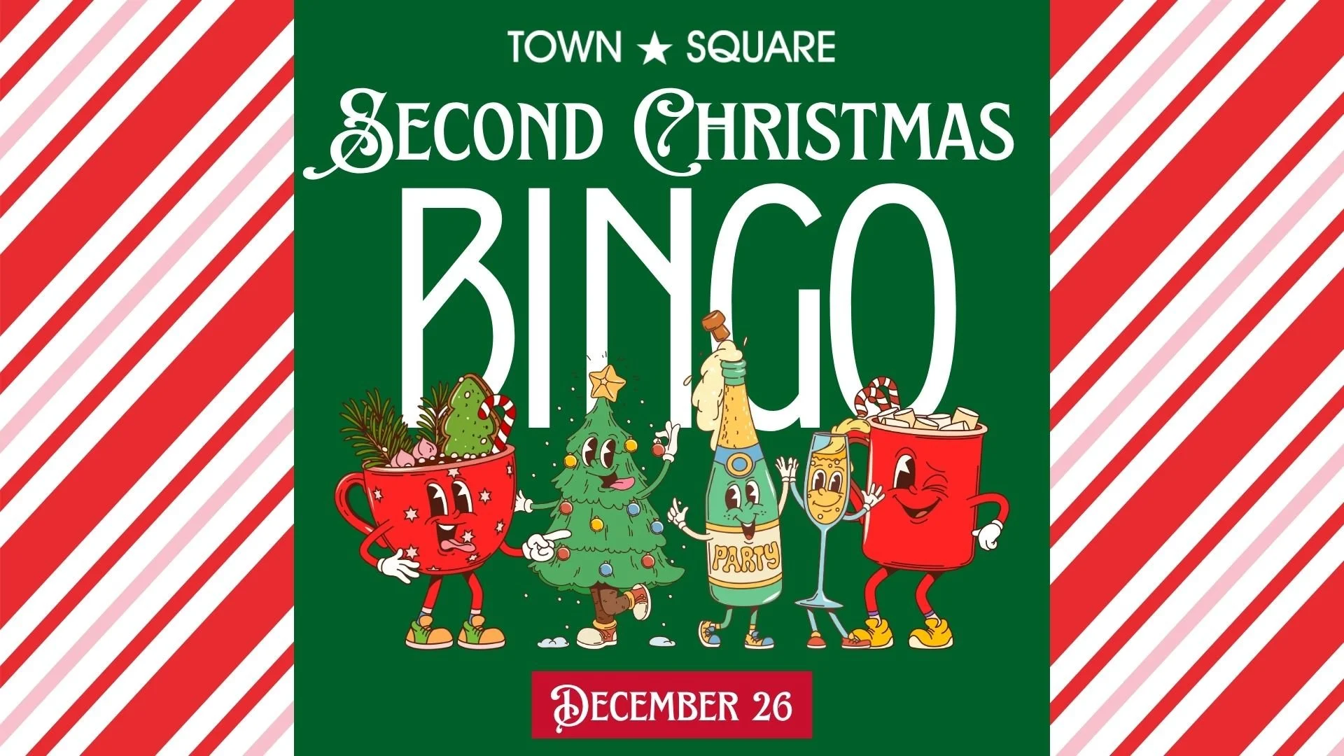Second Christmas Bingo graphic with a green background, red-and-white candy cane stripes and illustrated holiday characters.