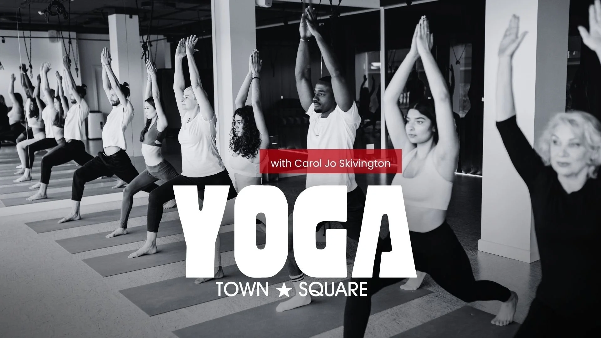 Yoga graphic featuring a group practicing standing poses during a class at Town Square.