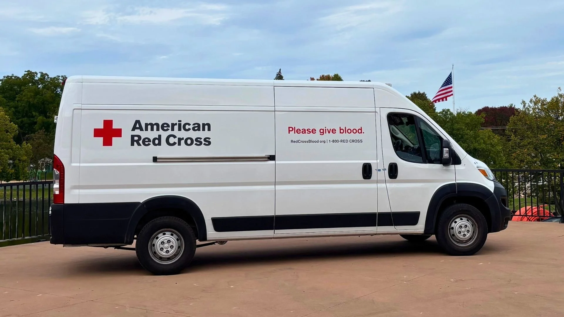American Red Cross blood donation van parked outside Town Square Community Center in Green Lake.