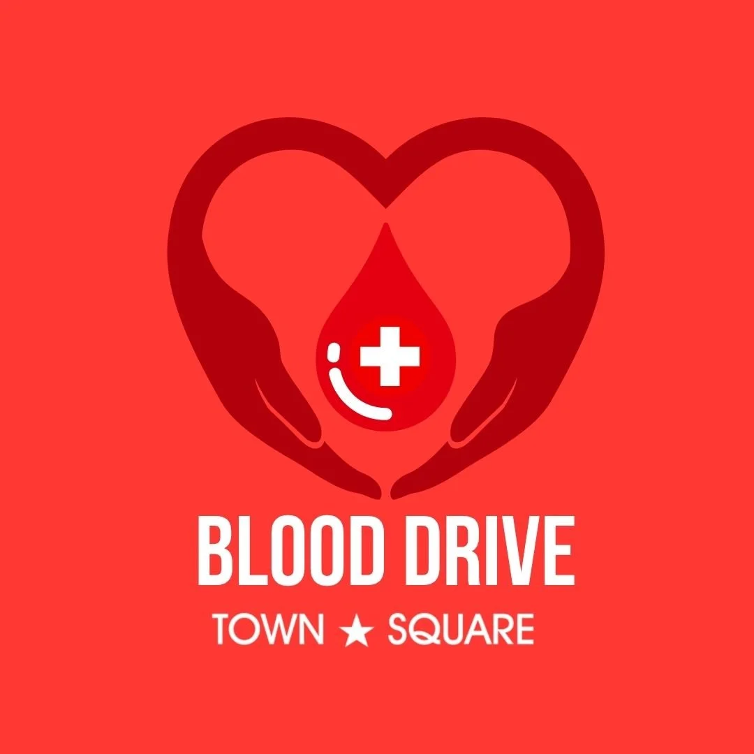 Blood Drive graphic featuring a heart formed by hands, a blood drop and the Town Square logo.