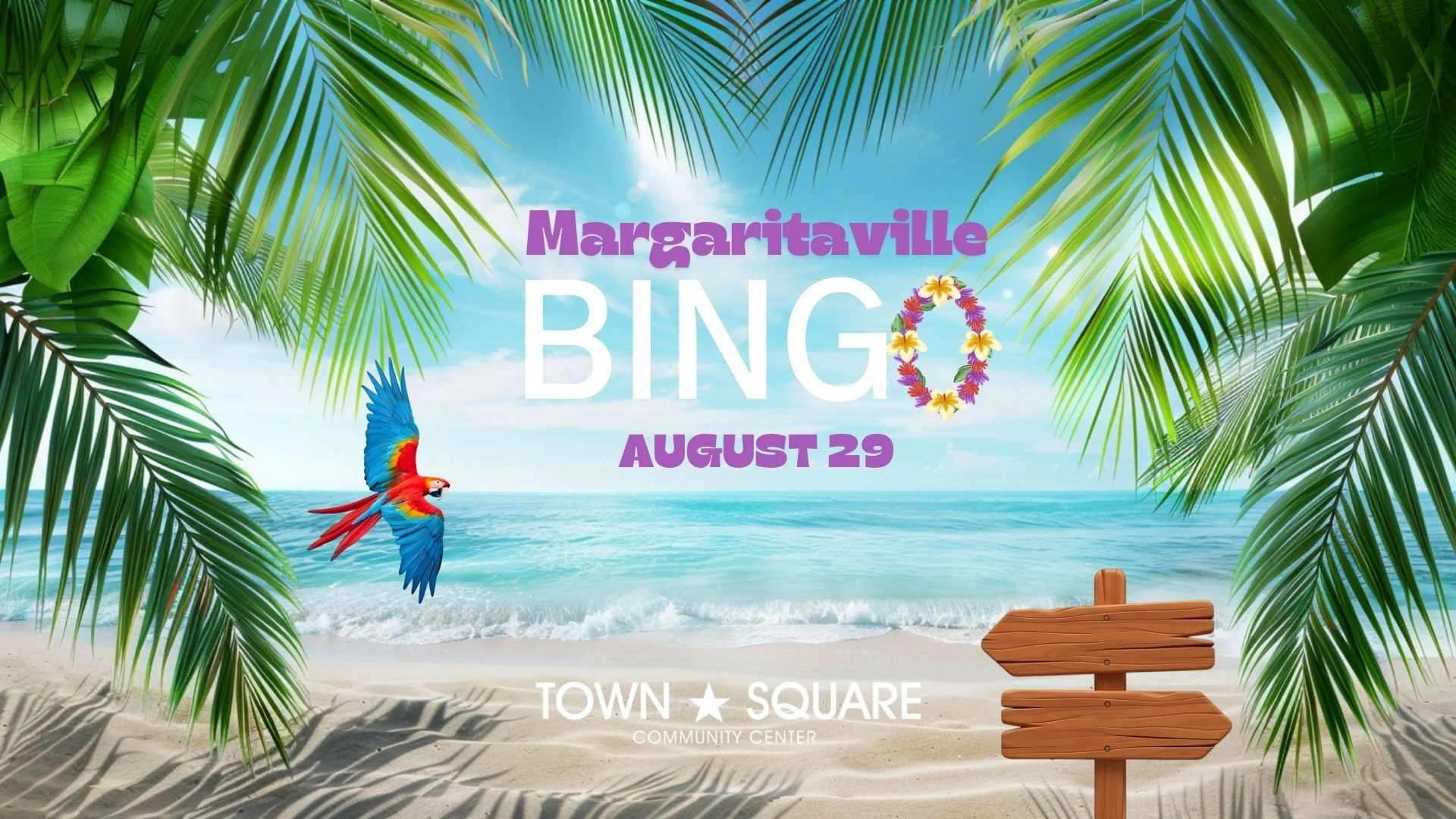 Margaritaville Bingo graphic featuring a tropical beach, palm trees, colorful parrot and wooden signpost.