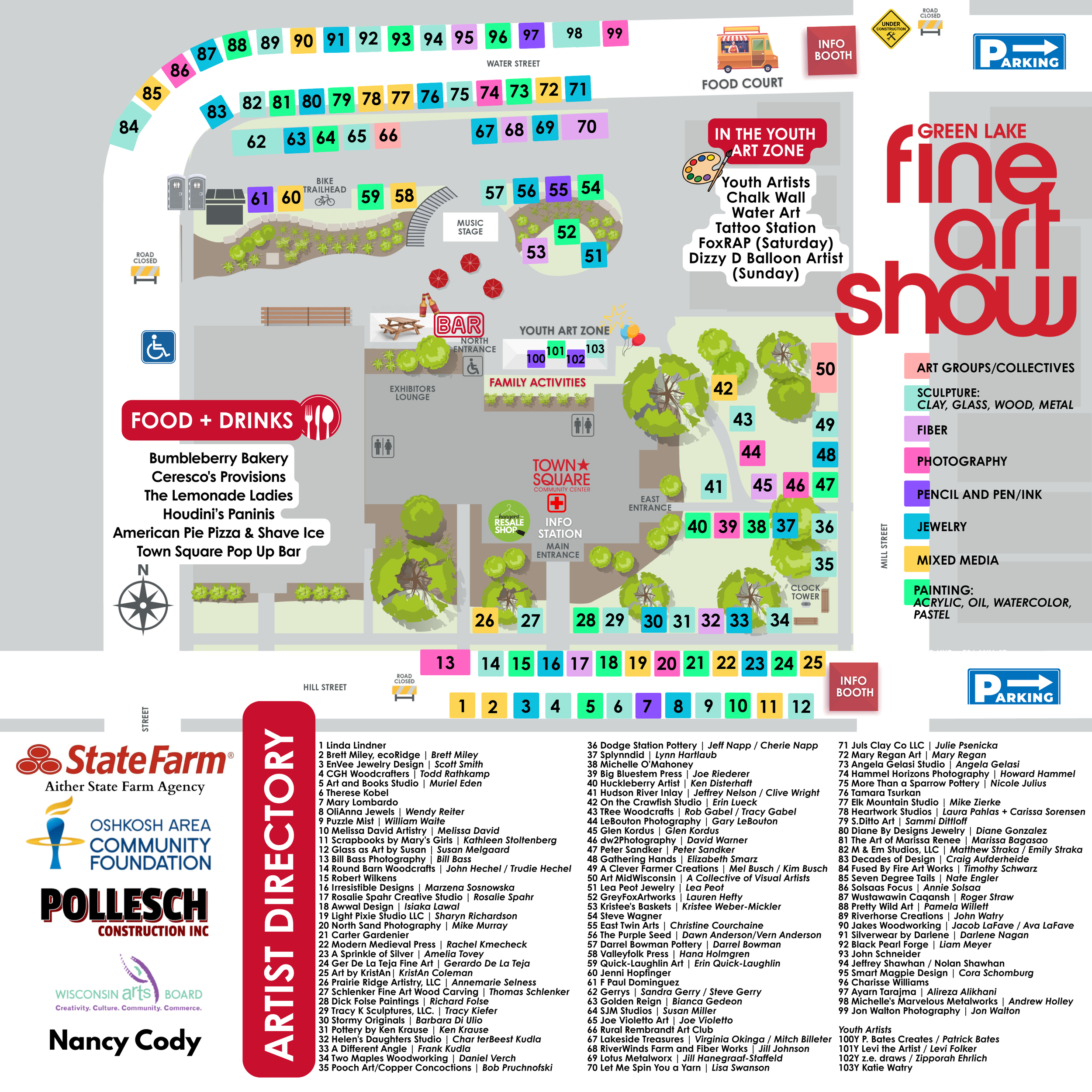Official Green Lake Fine Art Show map highlighting artist booths, the Youth Art Zone, food vendors, parking, entertainment, visitor information, and attractions throughout the festival grounds.