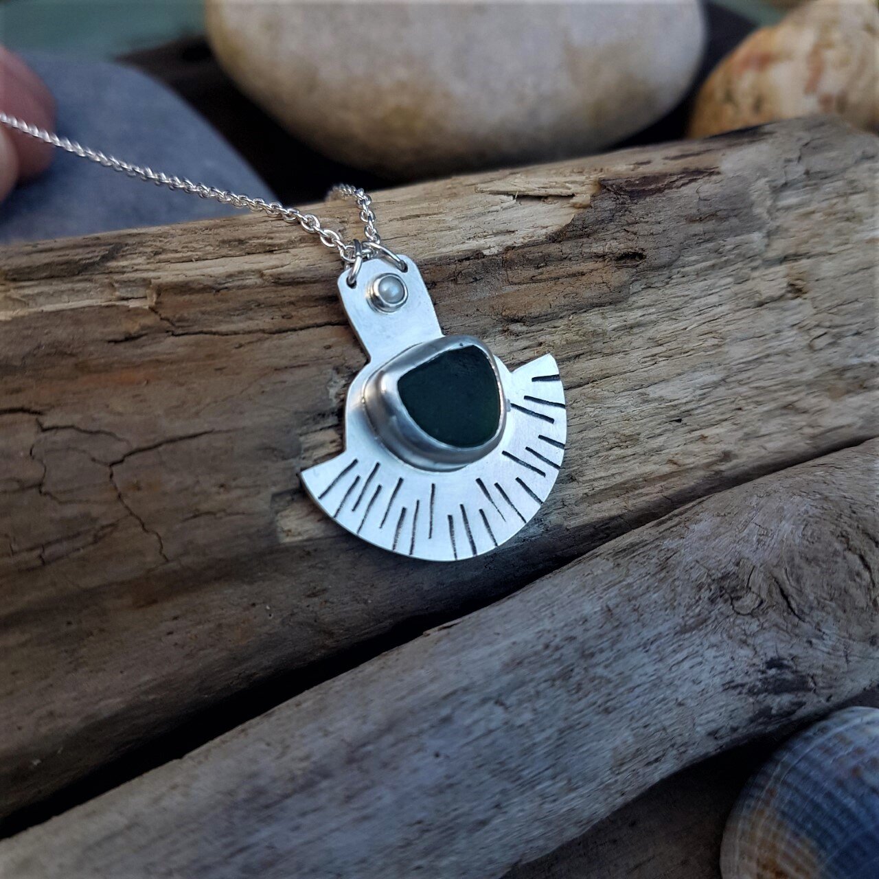 Fan pendant with green sea glass and freshwater pearl