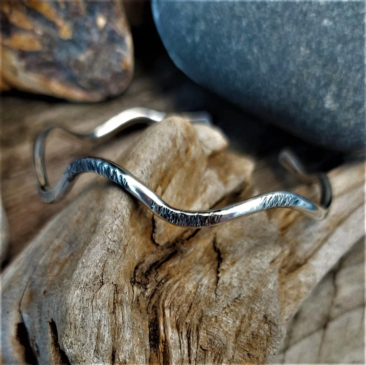 Solid silver textured wave cuff