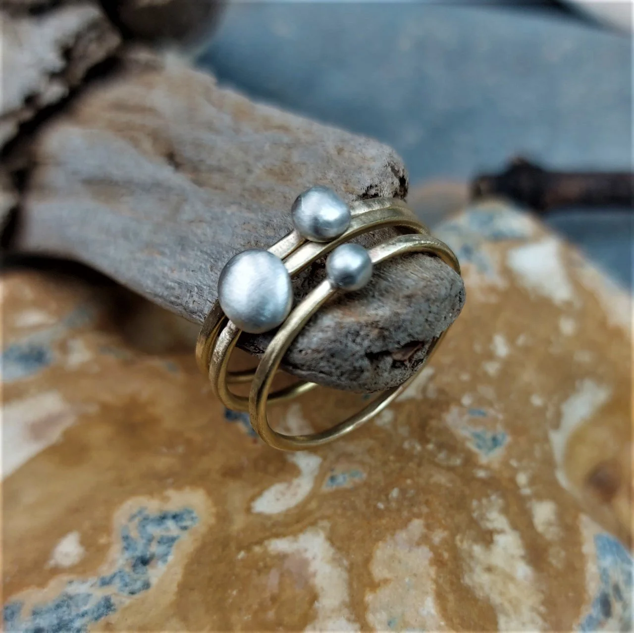 Solid brass and silver pebble stack rings (set of 3)
