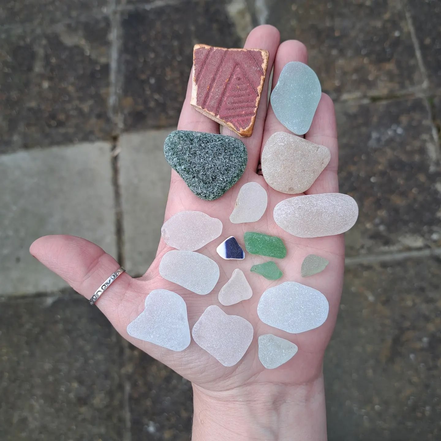 Here's a little selection found on an Easter trip to the seaside. Mostly white frostiness but a couple of pottery pieces and some fairly large chunks 🥰 THE nicest day having a stroll in what was quite a warm day (and we stayed dry - always a plus!)
