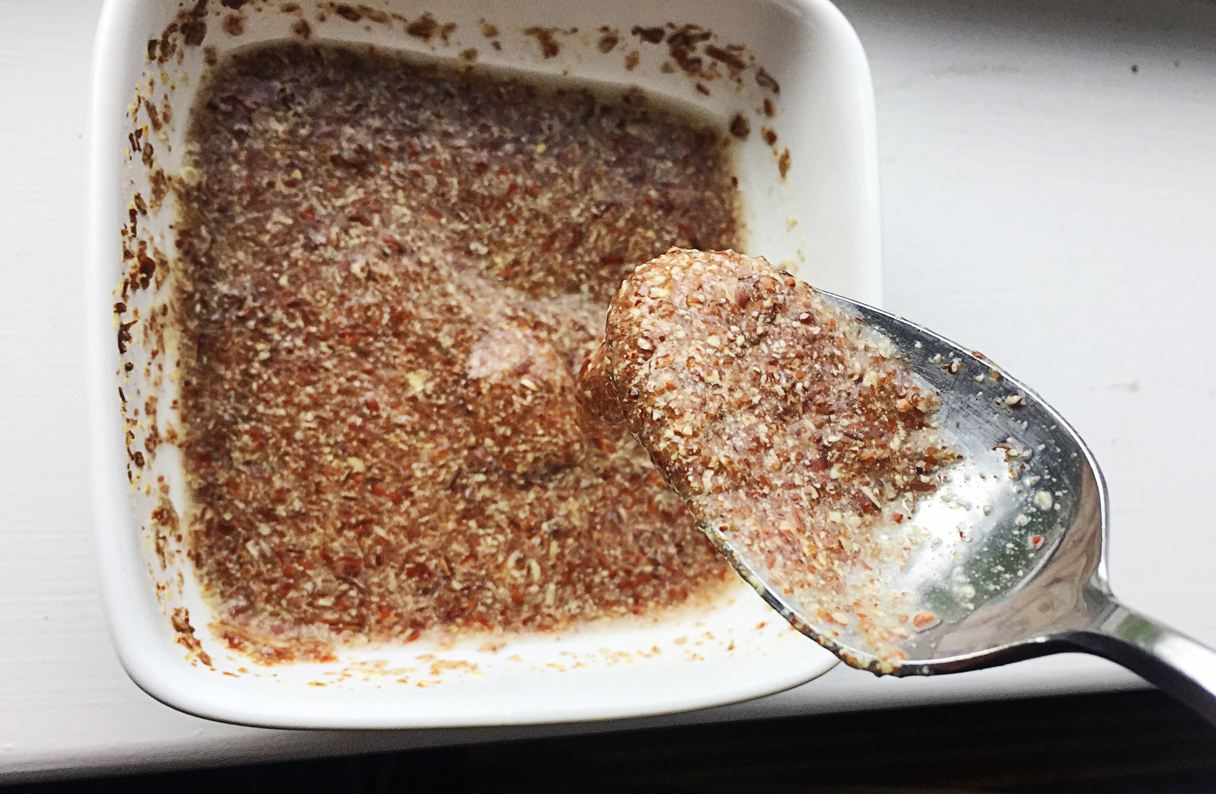1. Did you know flaxseeds can be like eggs. Mix together your flax meal and water and set aside. After ten minutes, the consistency will be nearly like egg whites. 