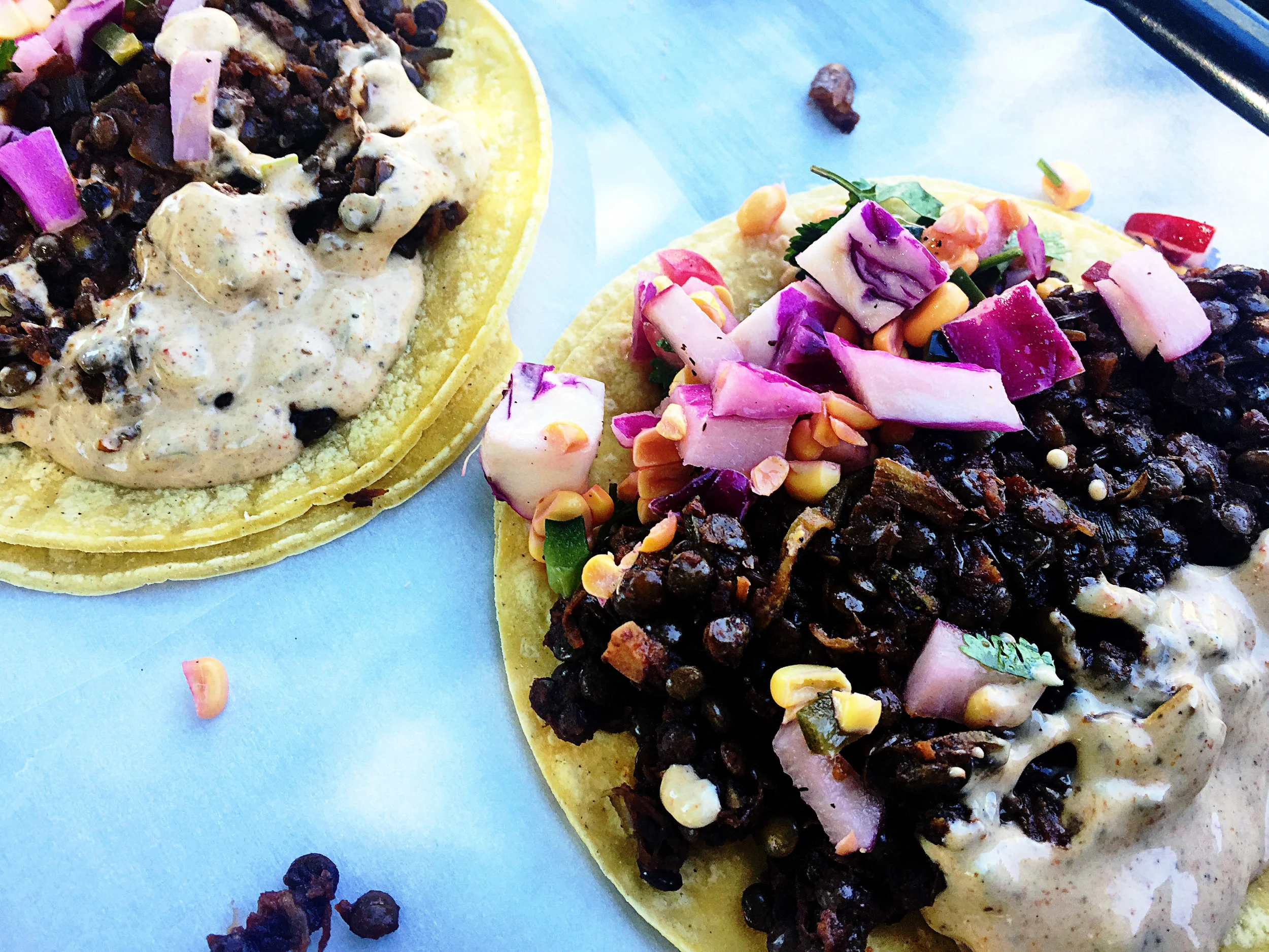 Cajun BBQ "Pulled Pork" Vegan Tacos w/ Creole Garlic Aioli + Cabbage, Corn and Radish Slaw