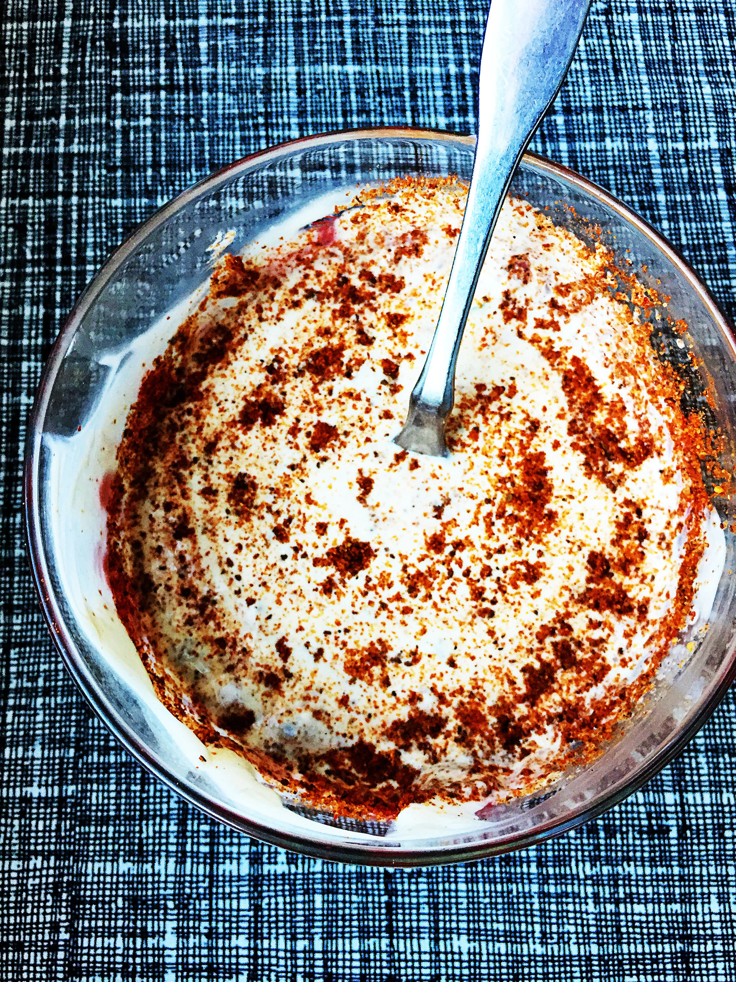 6. For the creole sauce, mix together all the ingredients. I like to do the Old Bay last and leave it on top for presentation.