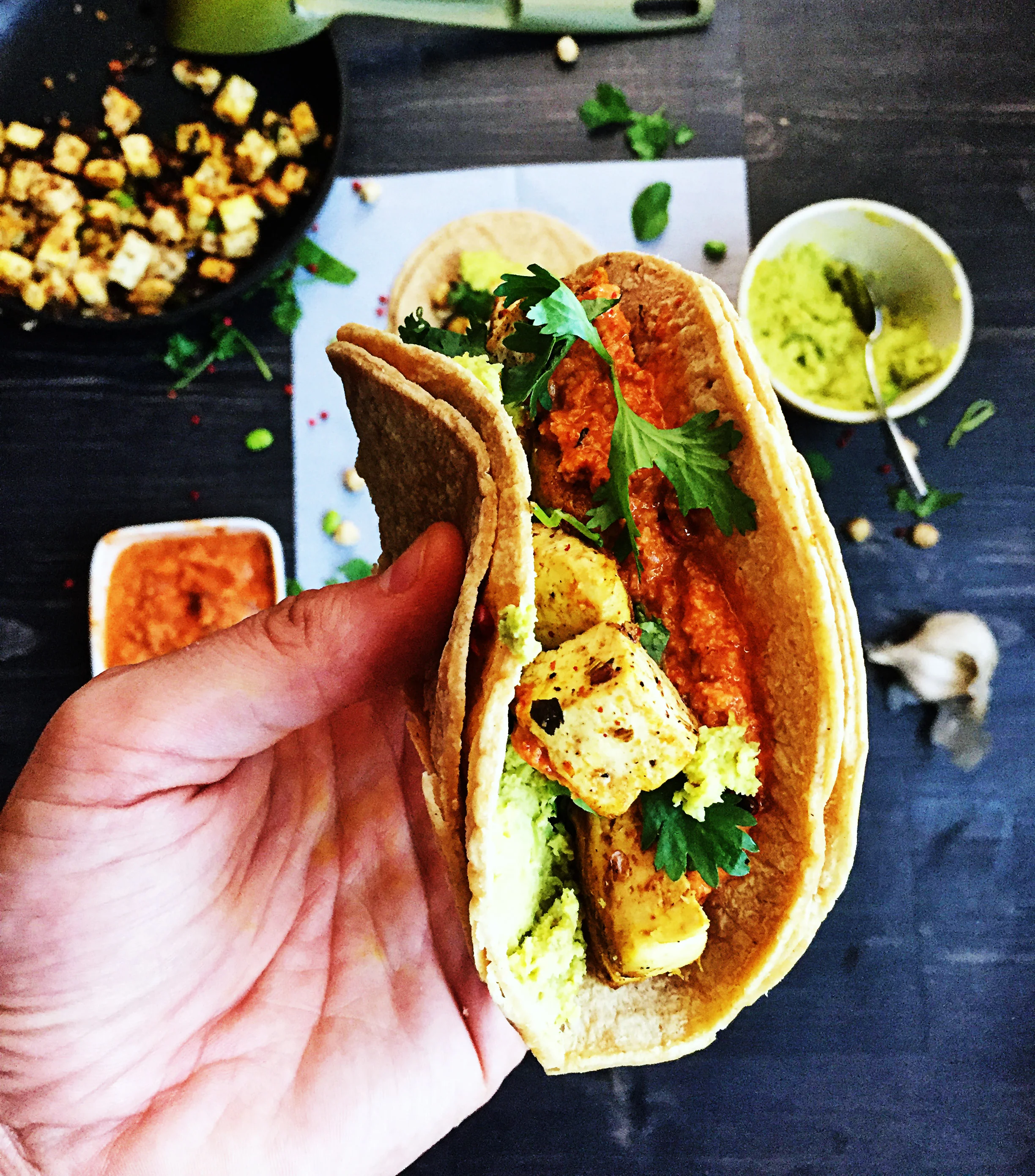 Thai Spicy Tofu Tacos w/ Hazelnut Chipotle Compote + Edamame Turmeric Lime Hummus