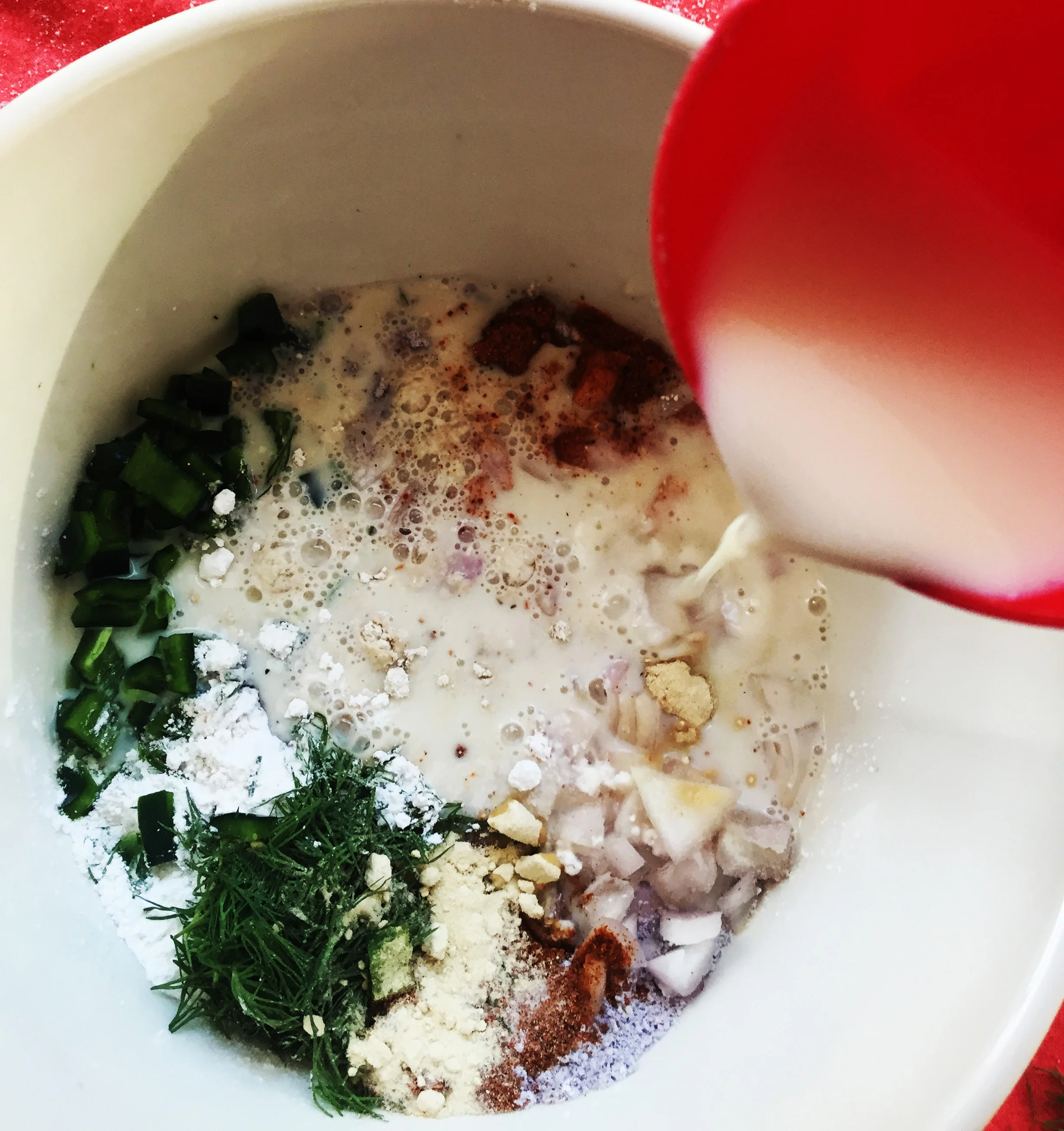 2. Pour in your buttermilk mixture and your oil. 