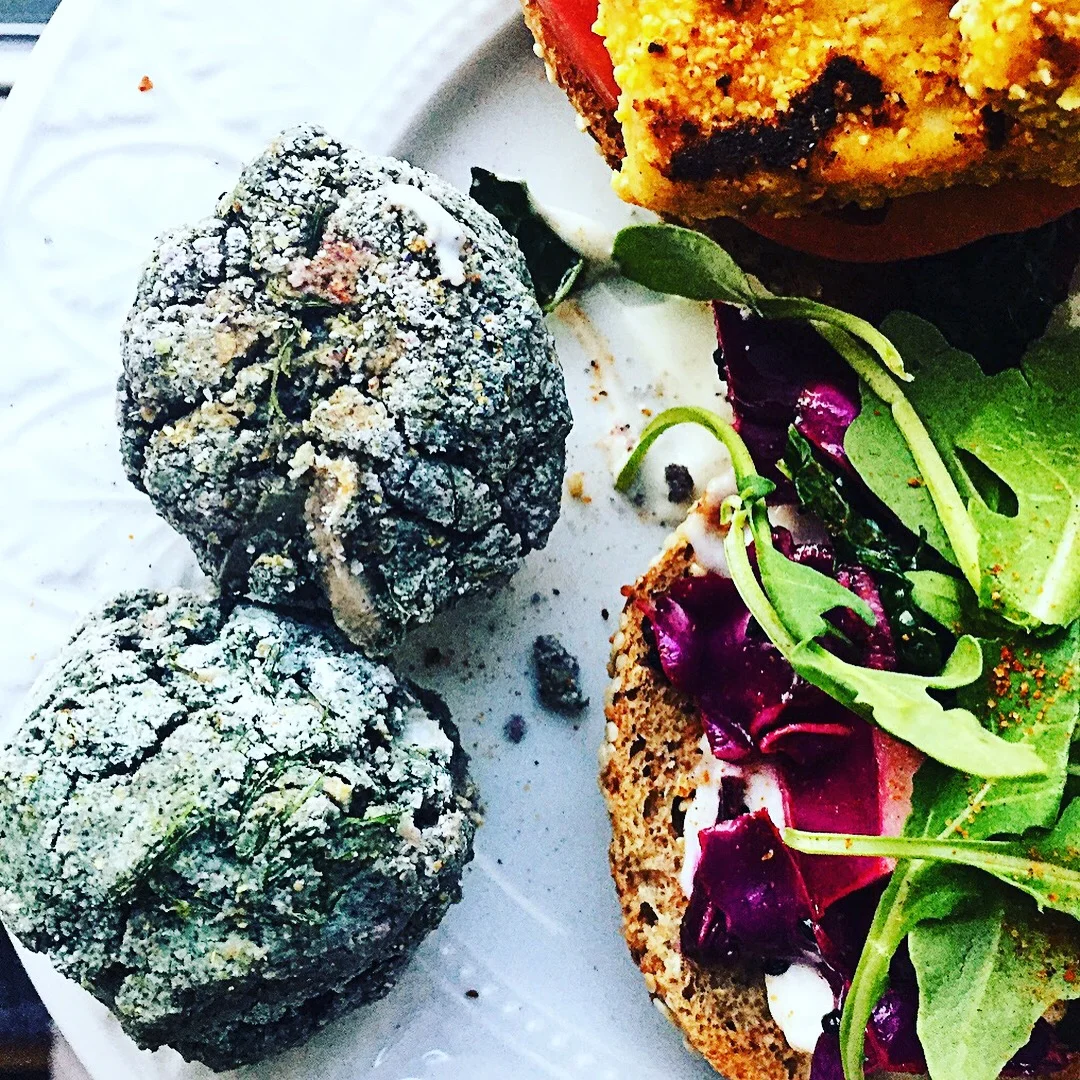 Vegan and Gluten-Free Dill Blue Corn Hushpuppies w/ Poblano Pepper + Shallots