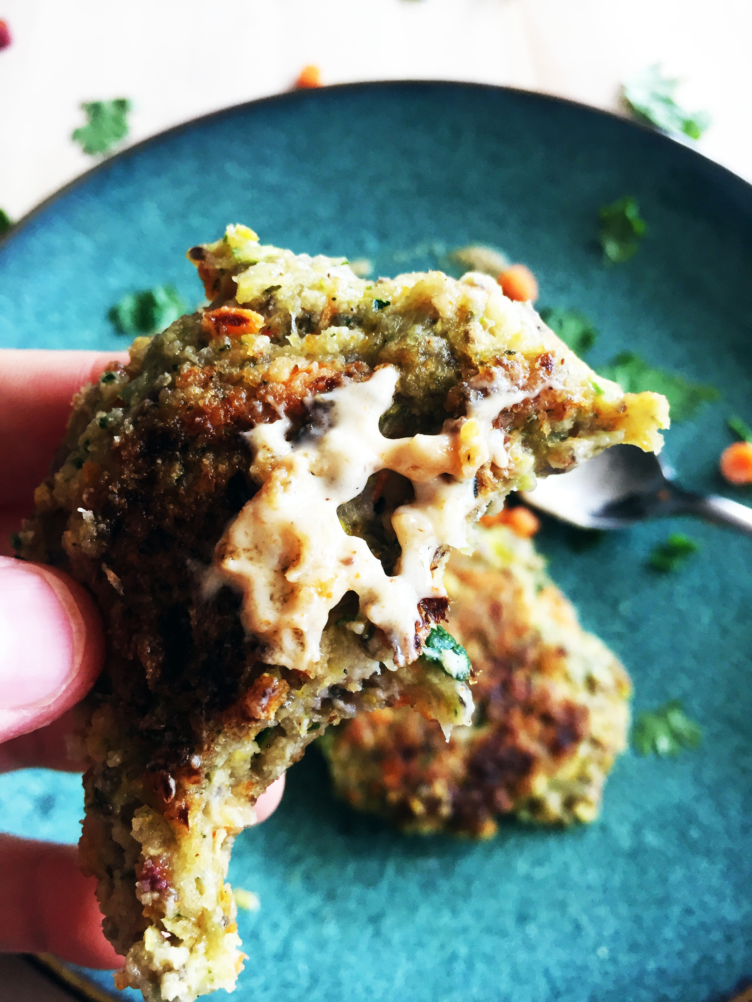 Gluten-Free Zucchini, Leek, and Carrot Fritters w/ Tangy Tahini Aioli