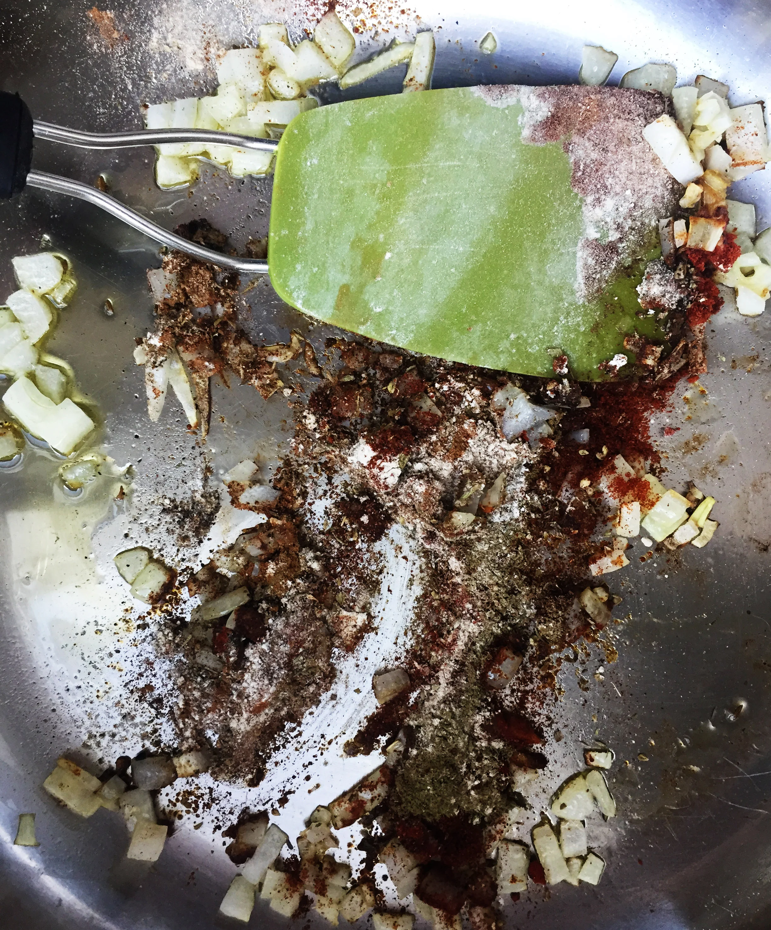 4. While lentils and onions cook, add onions to a pan with olive oil and fry for 6-8 minutes. After that add rest of spices outside dry roasted. Once the coriander and cumin seeds are done, crush with mortar + pestle or in a blender. Add to onions. Cook for 4-5 minutes on medium-low heat.