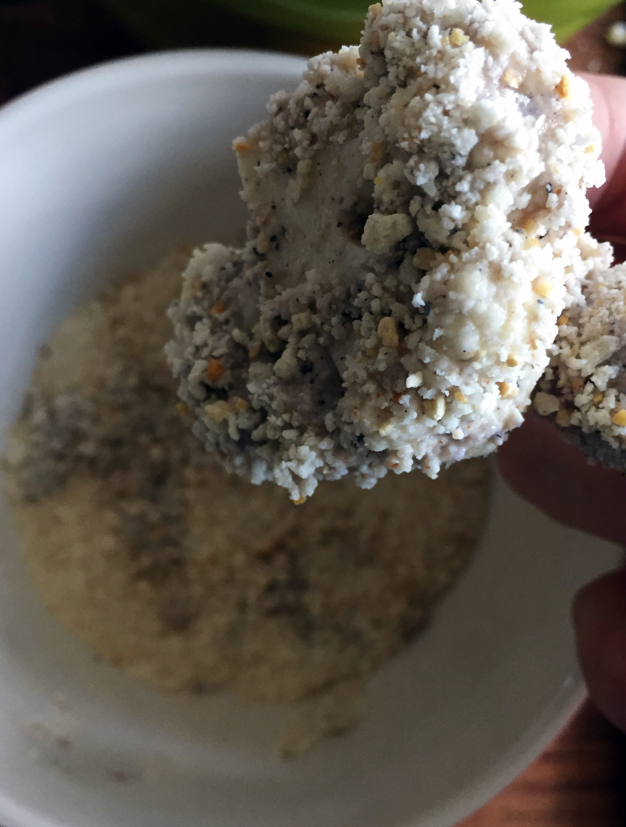 5. Then dip into breadcrumbs, coat with crumbs, and place on pan lined with silpat or parchment paper.