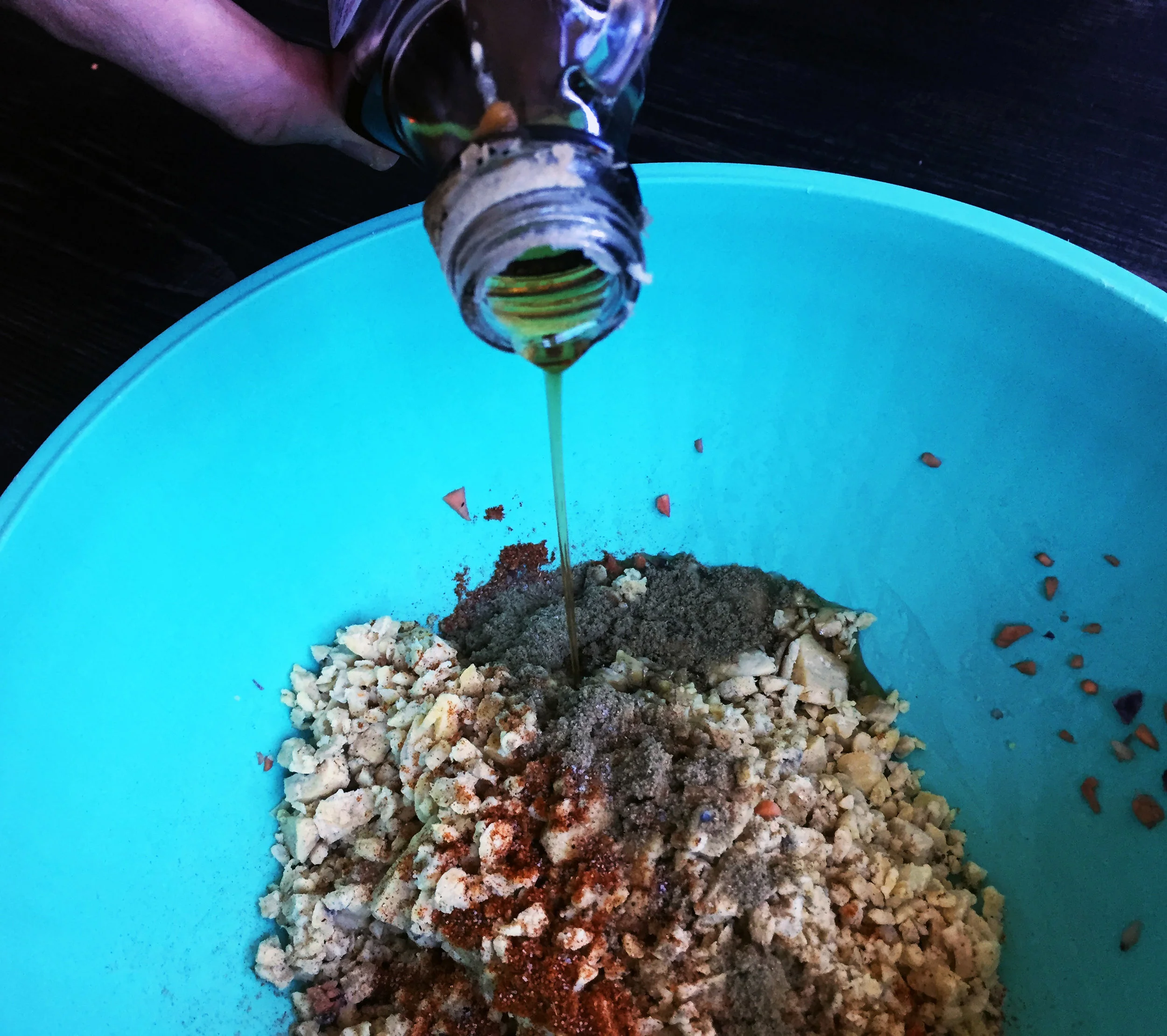 5. In a mixing bowl, add tempeh, all the spices, and maple syrup. Mix well with a spoon. Set aside.