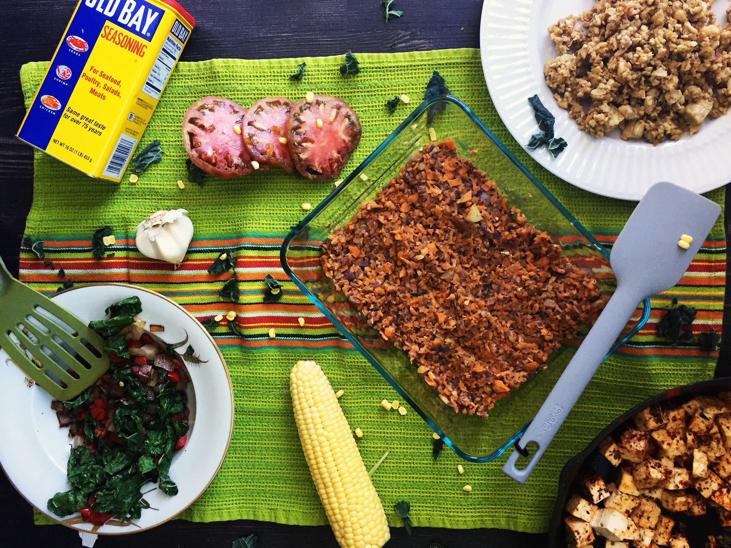 Cajun Vegan Breakfast Casserole w/ Sweet Potato Hash, Scrambled Tofu, Maple Tempeh Sausage, Cajun Mustard Aioli, and More!