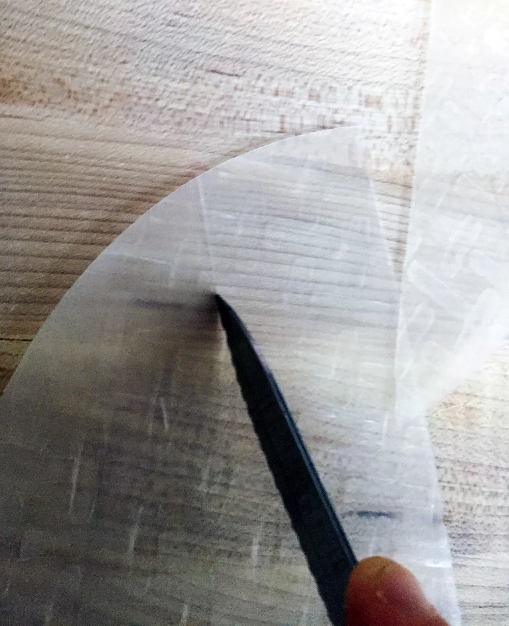 2. To start bacon, using a sharp knife, cut 4 strips about 1.5-2 inches out of each piece of rice paper. You need to have roughly 40 strips for 4 sandwiches.